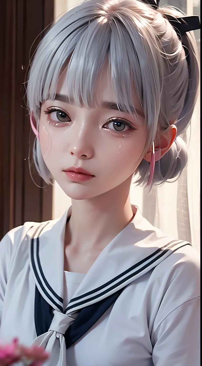 A high resolution, quality, 超quality, the ultra-detailed, lighting like a movie、small tit job、Bedrooms、embarrassed from、White hair,medium length gray hair,high ponytails,There are two strands of white hair on both sides of the ears,Wear pink hair accessories,Crying with eyes closed,sad expressions,Crying expression close-up,Tears flowed from the corners of her eyes,Lots of tears,white transparent shorts、White sailor suit