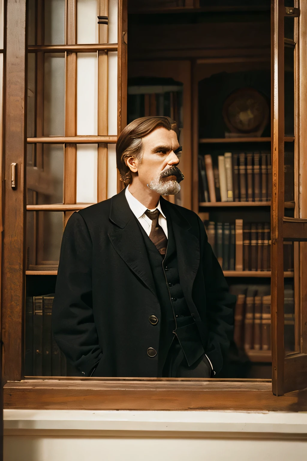 Friedrich Nietzsche is facing forward in his study..