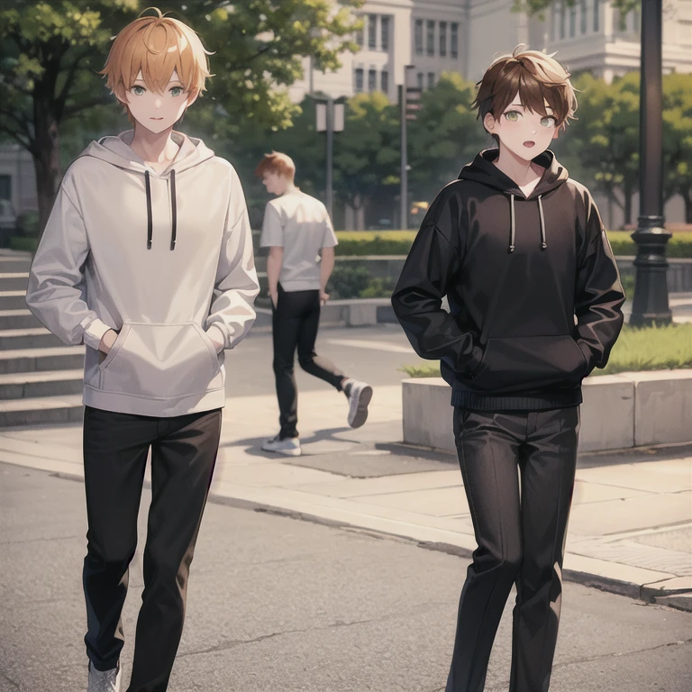 masterpiece, best quality, 2boys, brothers, twins, mature male, straight hair, orange hair, green eyes, black hoodie, black pants, brown shirt, long sleeves, grey pants, sweats, outdoors, hands in pockets