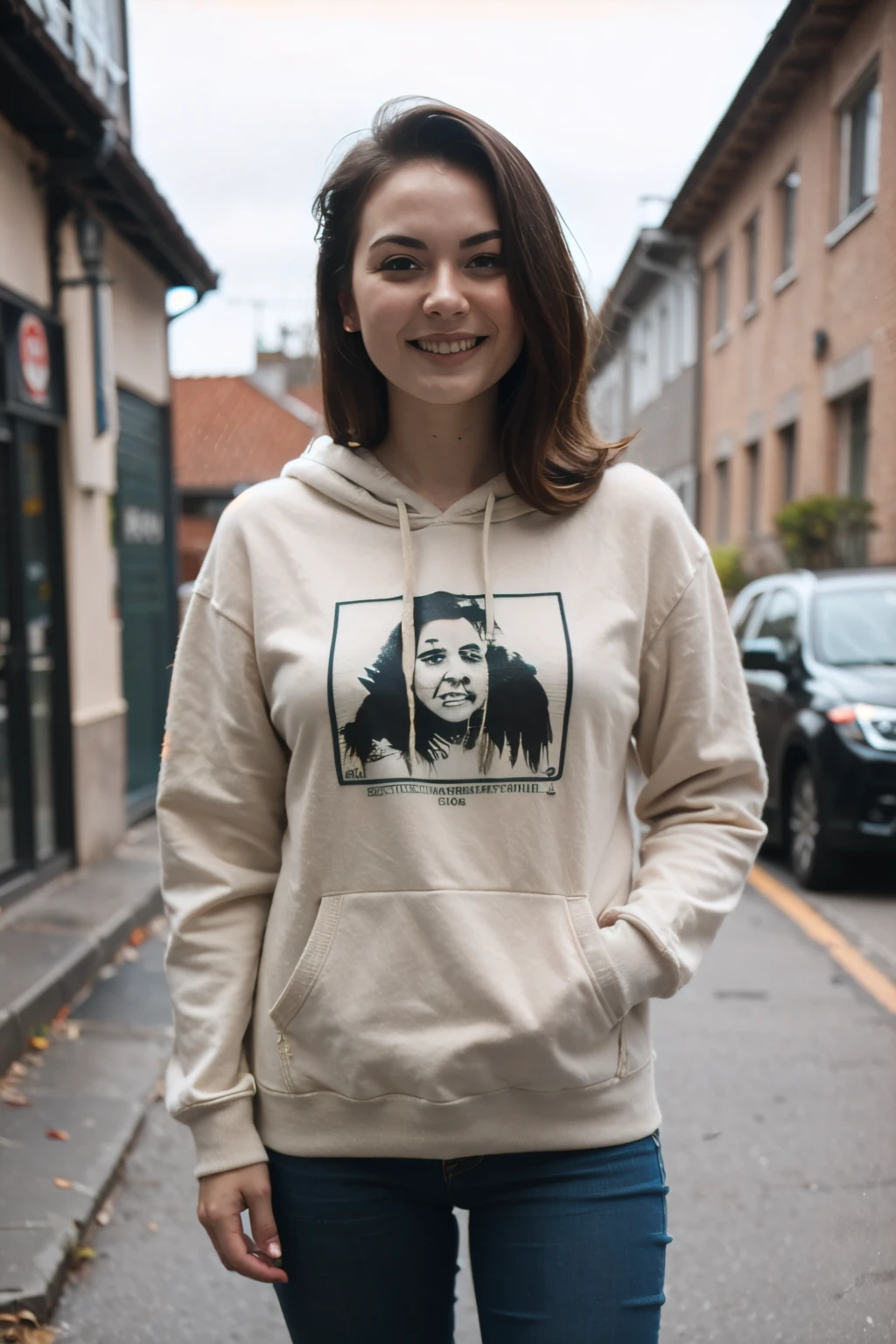 ((best quality)), ((masterpiece)), (detailed), perfect face, girl use hoddie with logo "w" and jeans, smile and laugh