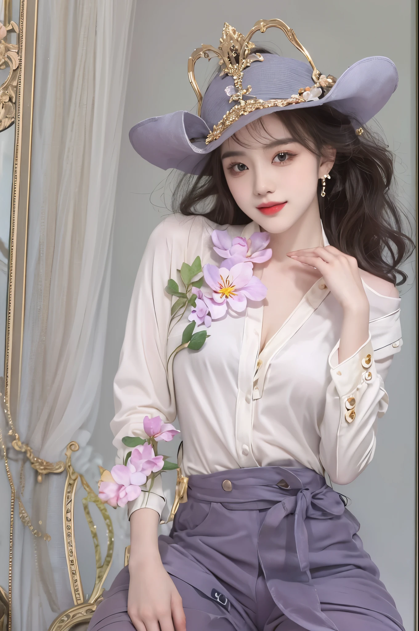 Special clothes34,bare shoulders,shirt, ((cowboy shot)), Redlip, A mature woman, cosmetics, フォトリアリスティック、real photograph、((realistically:1.5))、There are white phalaenopsis around the hair，Lilac dendrobium、white lilies、1 rapariga、Brown hair、floated hair、A plump chest, slim toned body, Charming legs, Hefty Smile, Strike elegant poses, Have extremely beautiful facial features、Hairpin on the head、perfect hand、(natta、themoon、precipice)、 vectorial art、Chinese contemporary art、gentlesoftlighting、looking-down