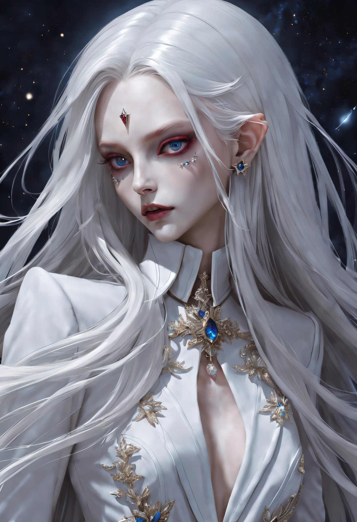 Crazy detailed photos of gorgeous vampire aliens, of a real, Long white hair, complicated eye roll, like a dream, Ethereal, ultra - detailed的, 32K resolution, 动态照明, ultra - detailed, 错综Complicated details, Hot topics on artstation, white luxury suit, Volumetriclighting, BalenciagaStyle, cosmic nebula background, As estrelas, galaxias, Complicated details,
