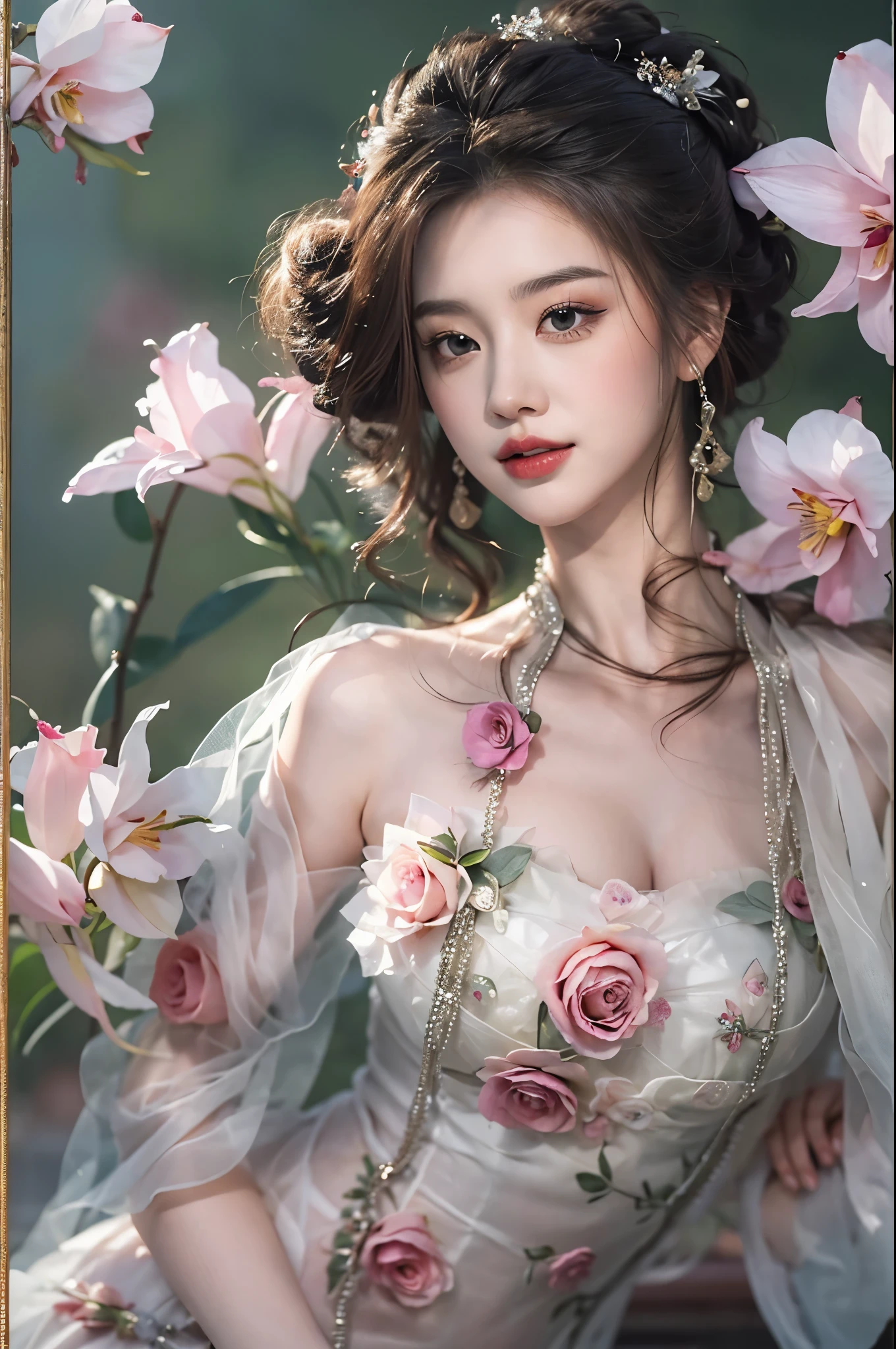 Romantic rose dress 2, ((cow boy shot)), Redlip, A mature woman, cosmetics, フォトリアリスティック、real photograph、((realistically:1.5))、White phalaenopsis around hair，Lilac dendrobium、white lilies、1 girl、Brown hair、floated hair、A plump chest, slim toned body, Charming legs, Hefty Smile, Strike elegant poses, Have extremely beautiful facial features、Hairpin on the head、perfect hand、(natta、themoon、precipice)、 vectorial art、Chinese contemporary art、gentlesoftlighting、looking-down