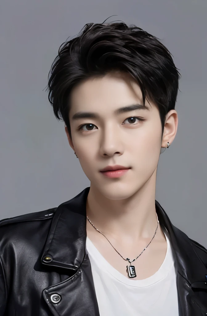 ((Best Quality, 8K, masterpiece: 1.3))、Cool Korean man, 120 year old man、Korean style long hair、Sturdy face、Handsome nose、Detailed eyes and face、Beautiful lighting、(studio)、High Resolution、 (visible to the audience)、mouth details、Thin Mouth、,Sorrisos、whole body: 1.5, perfect body figure: 1.picture of both shoulders:1.3, Wearing a White T-shirt and a casual Black coat:1.5, Accessories : (men's earrings, necklaces, men's rings, men's watches)