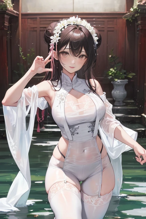 tmasterpiece、Need、1female、Ancient style China、 White cloth bun bun bun、Shoulder leakage、The chest is large、chubbiness、ssmile、White suspender tights、lace leggings、pale pink lip、hot springs,Pose in the water,(drenched all over the body),legs are open, 独奏, White polo shirt, Open clothes,Clothes draped,White lace underwear,looking at viewert, A high resolution,(Thigh thick:1.0),Yazawa Nico,黑The eye, face flushed,Blunt hair,both hands on hip,greet,Flower headdress,dance