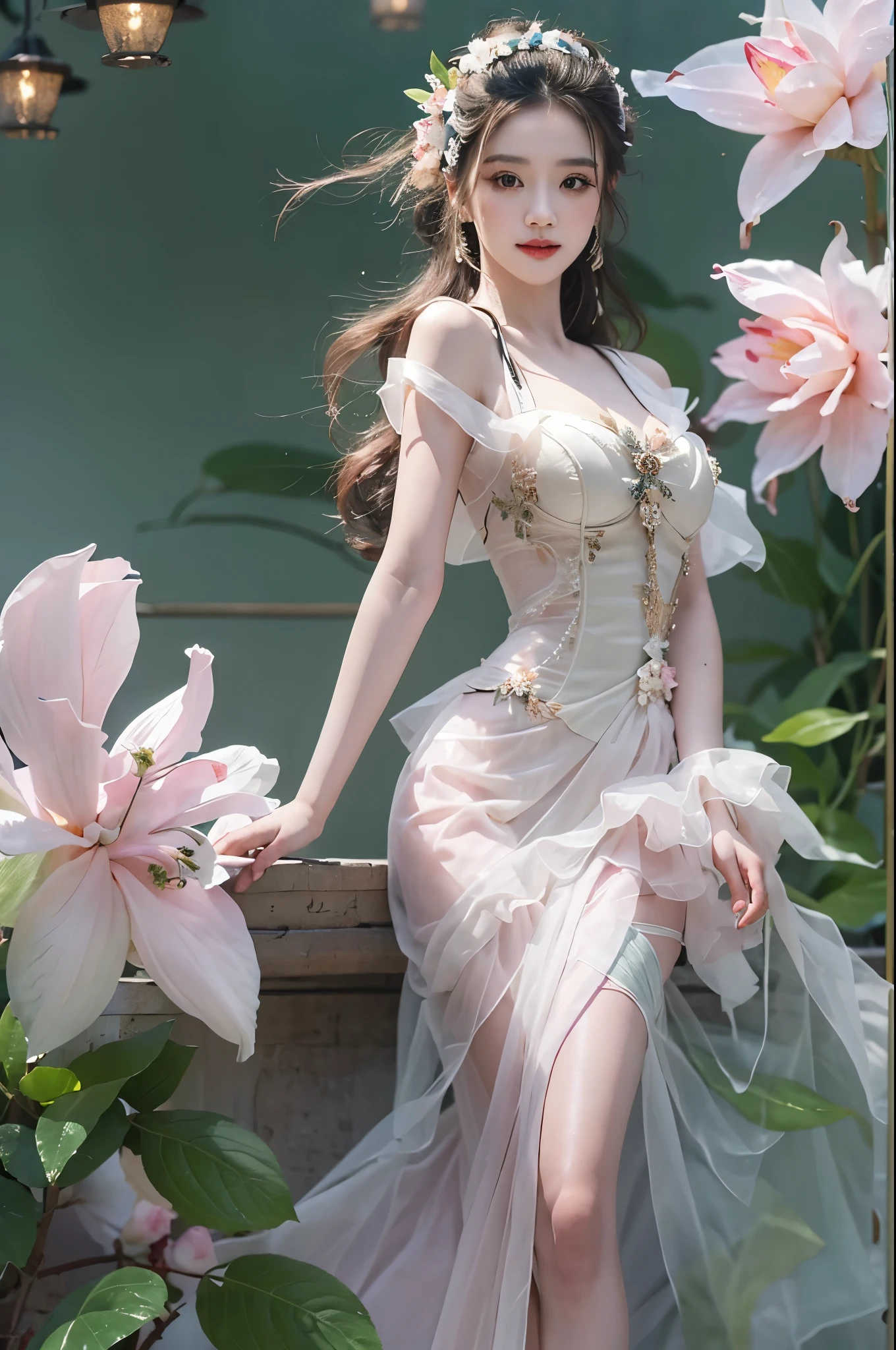 Romantic rose dress 2, ((cow boy shot)), Redlip, A mature woman, cosmetics, フォトリアリスティック、real photograph、((realistically:1.5))、White phalaenopsis around hair，Lilac dendrobium、white lilies、1 girl、Brown hair、floated hair、A plump chest, slim toned body, Charming legs, Hefty Smile, Strike elegant poses, Have extremely beautiful facial features、Hairpin on the head、perfect hand、(natta、themoon、precipice)、 vectorial art、Chinese contemporary art、gentlesoftlighting、looking-down