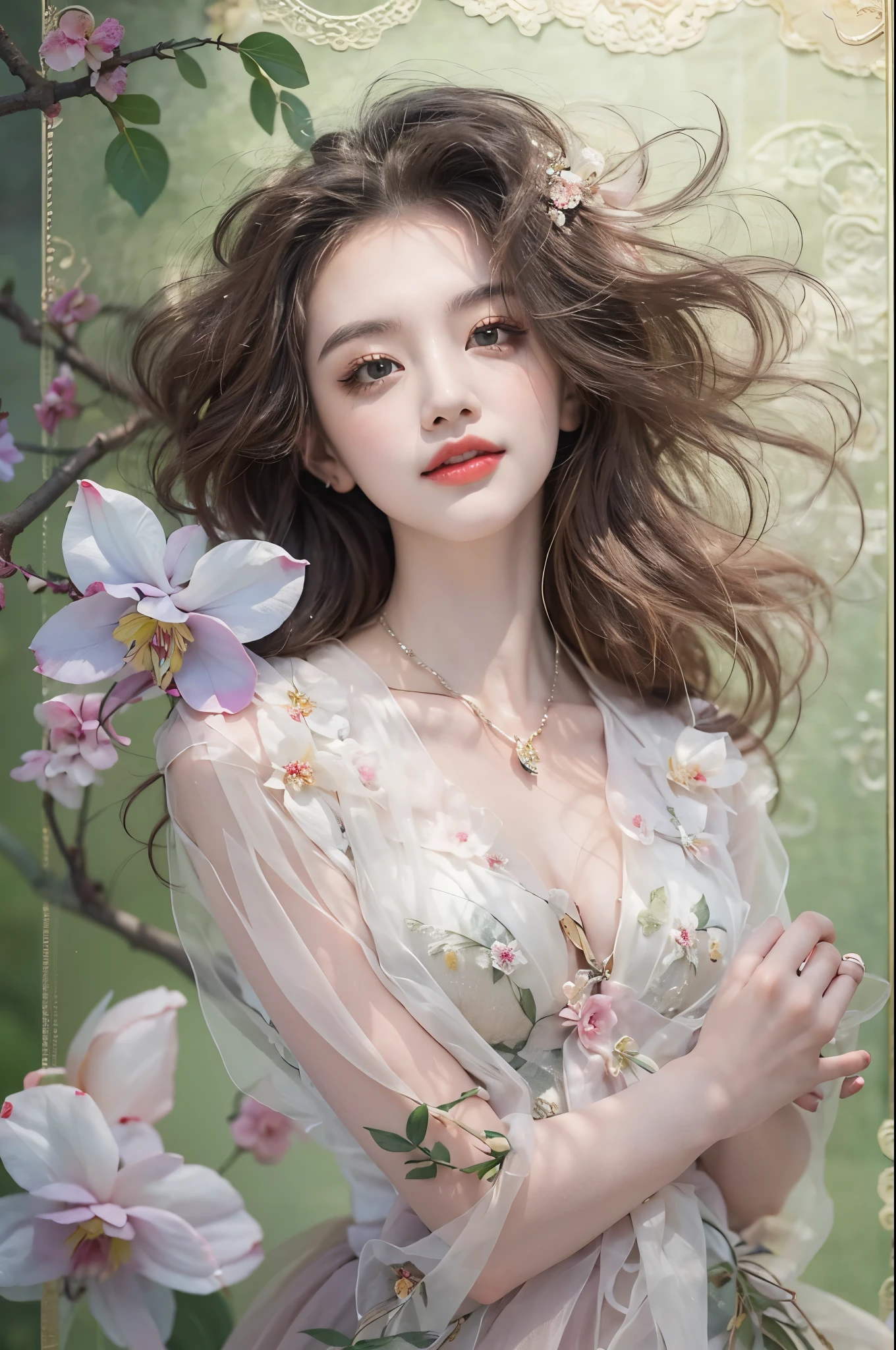 Romantic rose dress 2, ((cow boy shot)), Redlip, A mature woman, cosmetics, フォトリアリスティック、real photograph、((realistically:1.5))、White phalaenopsis around hair，Lilac dendrobium、white lilies、1 girl、Brown hair、floated hair、A plump chest, slim toned body, Charming legs, Hefty Smile, Strike elegant poses, Have extremely beautiful facial features、Hairpin on the head、perfect hand、(natta、themoon、precipice)、 vectorial art、Chinese contemporary art、gentlesoftlighting、looking-down