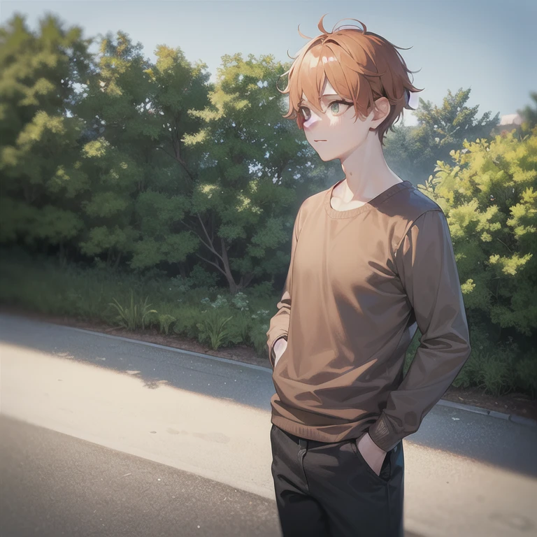 masterpiece, best quality, 1boy, solo, mature male, straight hair, orange hair, green eyes, brown shirt, long sleeves, grey pants, sweats, outdoors, hands in pockets