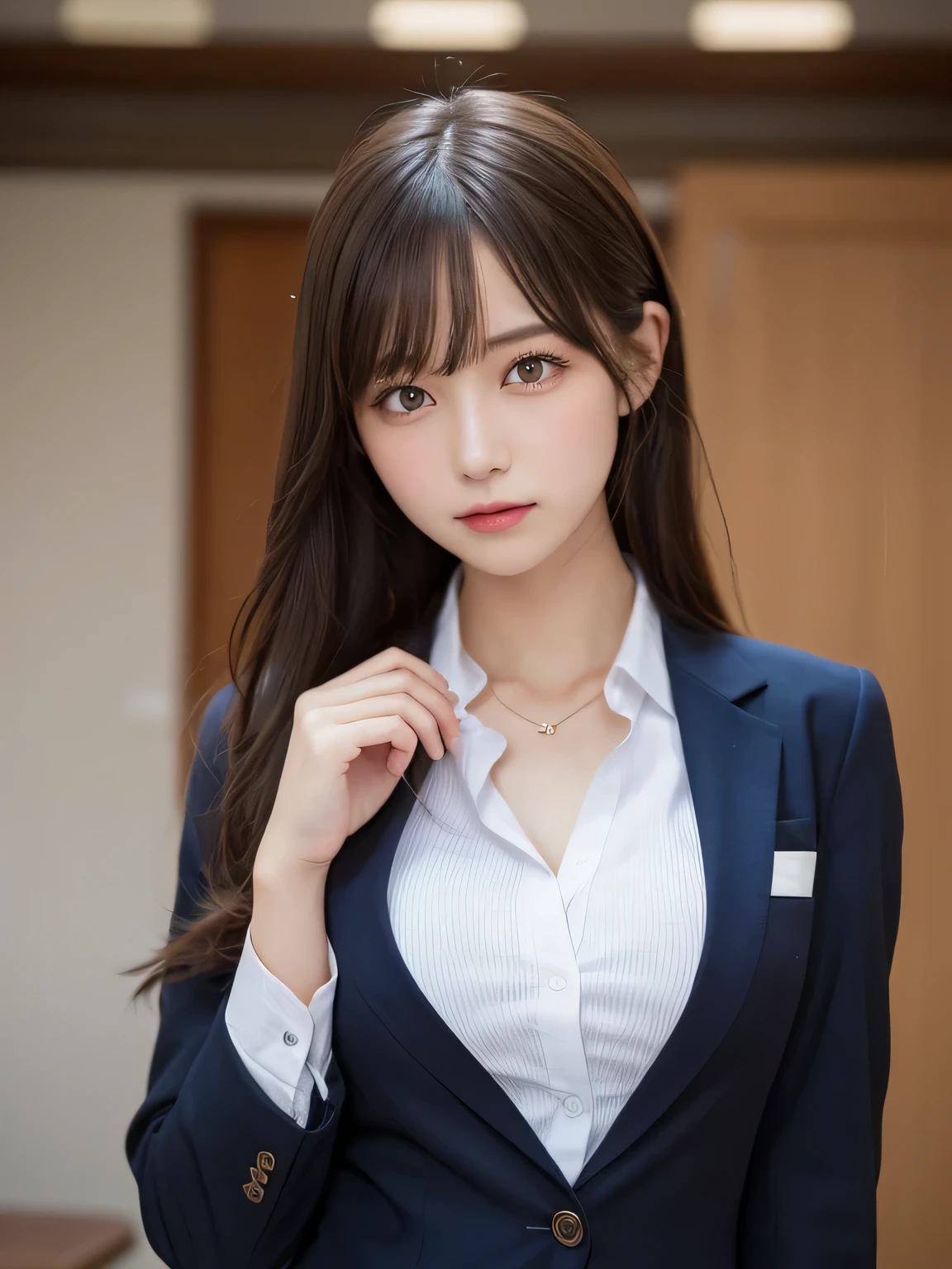 masutepiece, Best Quality, Illustration, Ultra-detailed, finely detail, hight resolution, 8K Wallpaper, Perfect dynamic composition, Beautiful detailed eyes, Natural Lip,Blazer ,School uniform, Big breasts, Full body,You can see the chest
