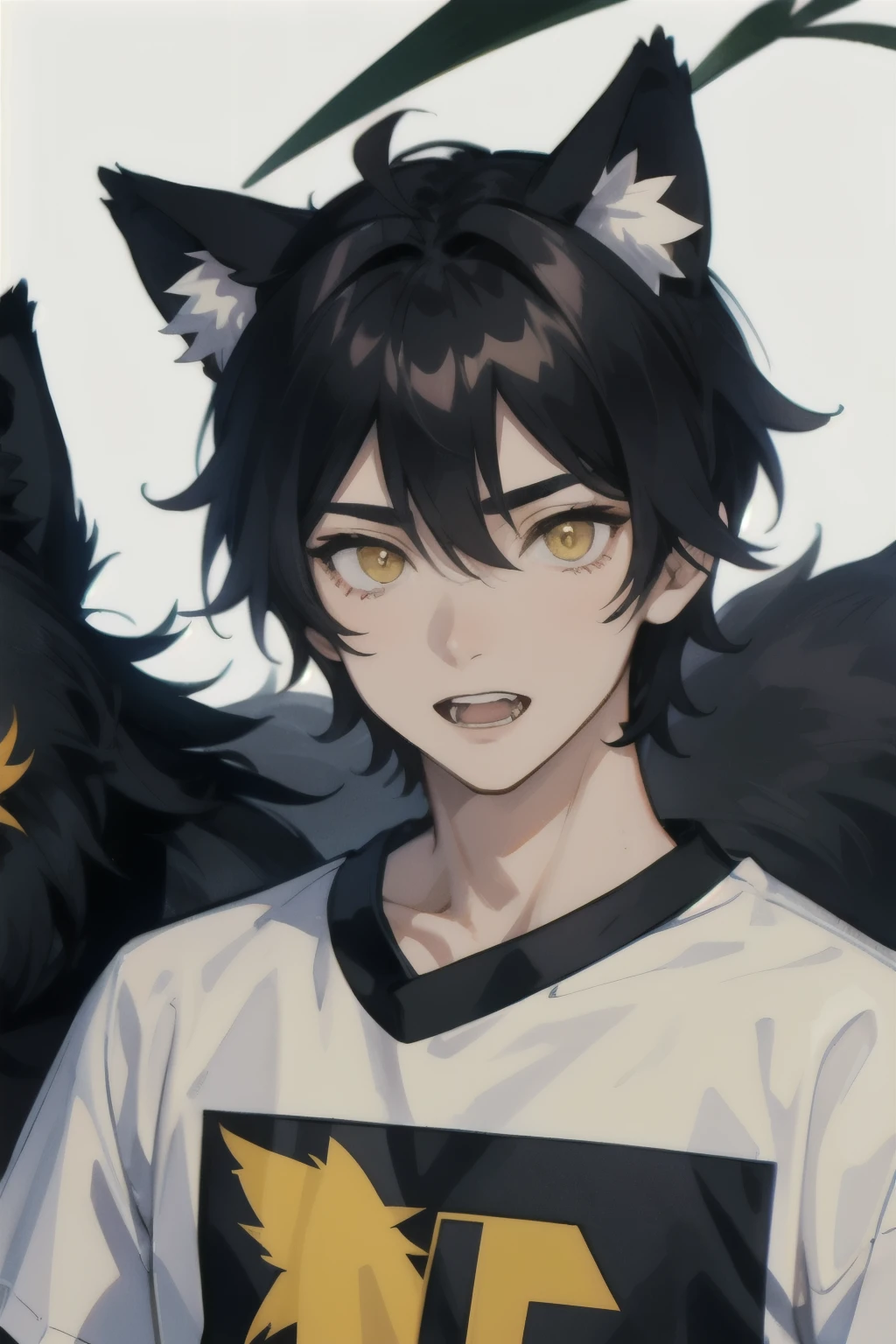 A boy with black hair and yellow eyes with wolf ears and wolf teeth male wearing t-shirt.