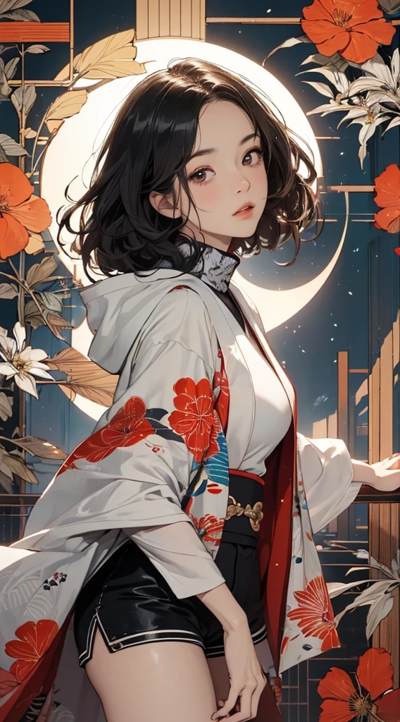 ((8k wallpaper of extremely detailed CG unit, masterpiece, hight resolution, top-quality, top-qualityのリアルテクスチャスキン)), (very beautiful and attractive woman, The upper part of the body, Landscape composition, Pose like a model with your hands in your pockets:1.5, Wear a Japanese-patterned haori over a turtleneck:1.2, Japanese pattern micro mini shorts:1.2), (messy black hair, Plump lips, de pele branca, small tit), (((Colorful background with geometric patterns, Japanese pattern background, warm color))), (high-angle:1.1), (hyper realisitic, digitial painting),