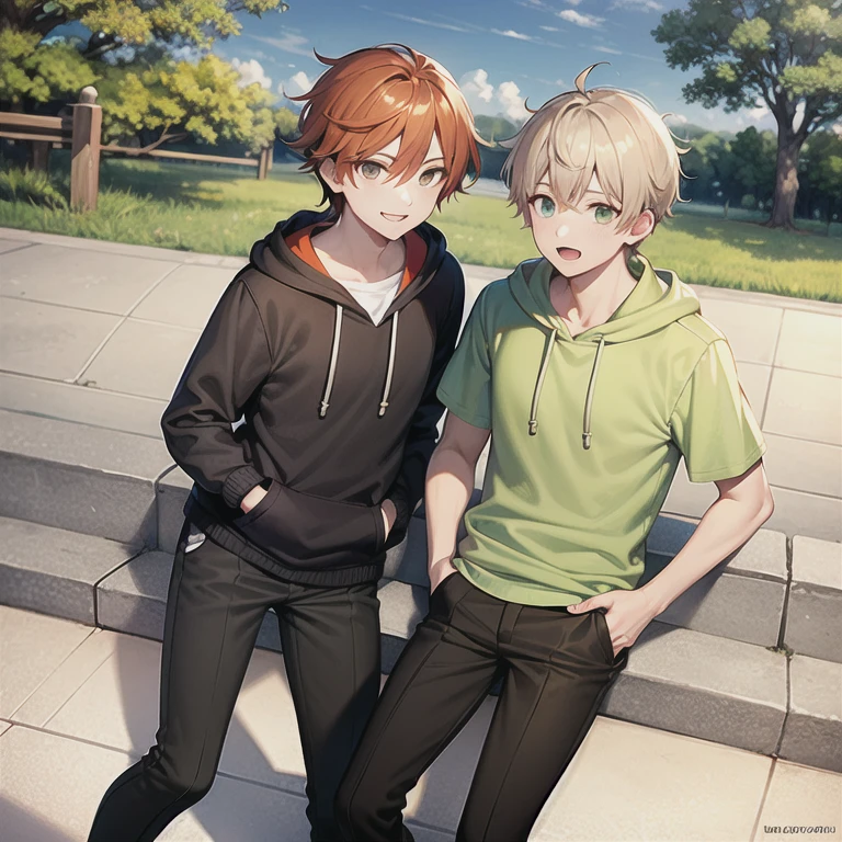 masterpiece, best quality, 2boys, brothers, twins, mature male, straight hair, orange hair, green eyes, black hoodie, black pants, outdoors, hands in pockets