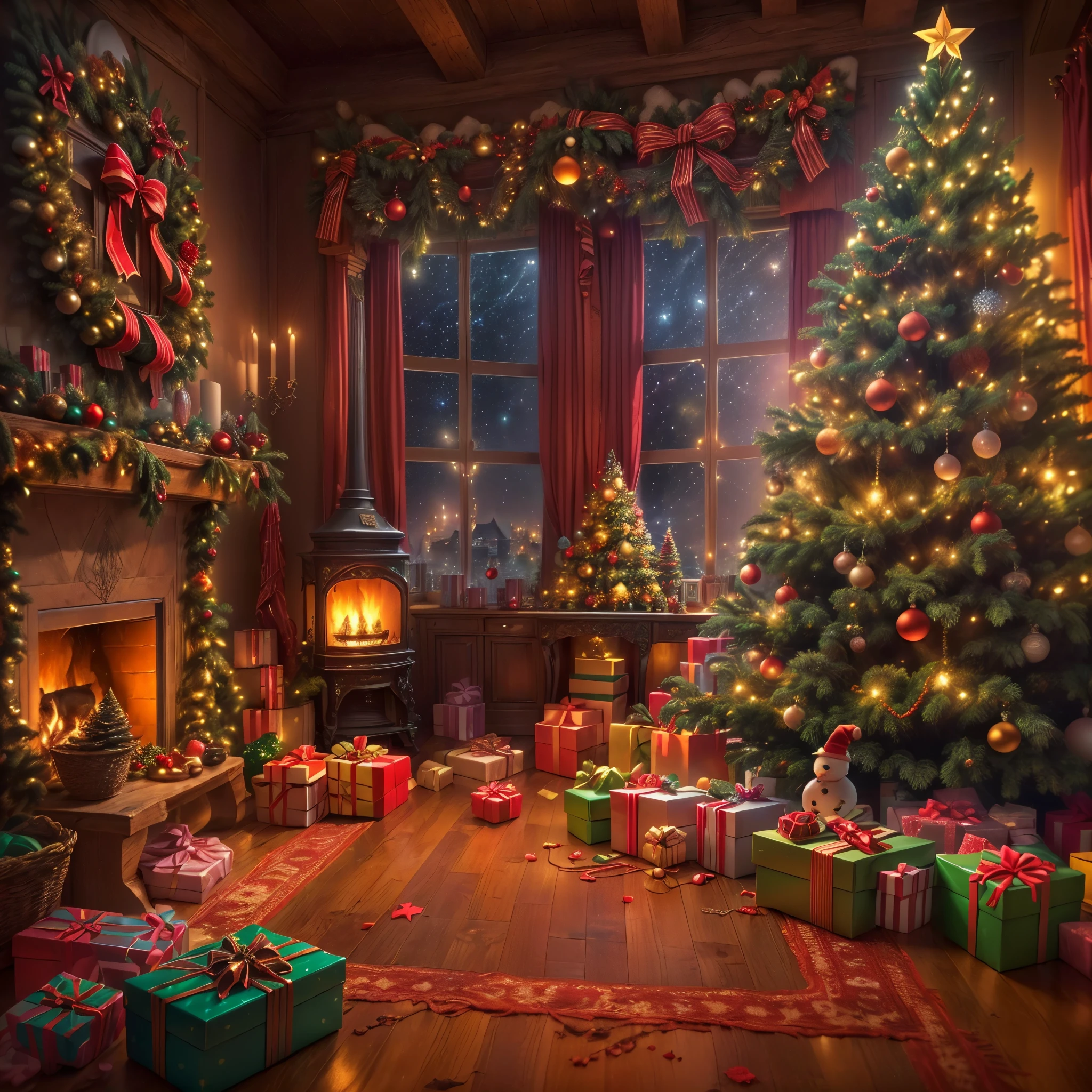 (Masterpiece: 1.2), (Long shot: 1.8), Vibrant colors, magical atmosphere, whimsical, ((starry sky with North Star shining)), (European style interior house, Christmas decorations, fireplace with residual warmth , colored lights hanging on the stairs, gifts wrapped in colorful under the Christmas tree, pile of gifts on the floor, wooden floor, decorated pine tree, parquet floor, mantel, red and green, Christmas atmosphere, traditional Christmas, Festive atmosphere, Merry Christmas, gift tags, Christmas wreaths, decorations, tinsel ribbons, Christmas tree lights, candies, gingerbread men, lights), (The room is decorated in a strong Christmas atmosphere. A string of shining ones hangs on the wall Colored lights, a Christmas wreath and a small snowman are placed on the windowsill, and a beautifully decorated Christmas tree stands in the corner of the room. (On the table, there are exquisite tableware and red plates. In the center of the table, there is a rich Christmas feast , next to a bottle of red wine and two exquisite wine glasses, bringing warmth and comfort to the entire room). (First Person View, Ultra HD, Masterpiece, Accurate, Anatomically Correct, Textured Skin, Super Detailed, High Detailed, High Quality, Award-Winning, Best Quality, 8K), Surreal, Psychedelic, Intricate Details, Textured, Ethereal, Dream-like, Soft Glowing Light, Mesmerizing Patterns, Fantasy Creatures, Hidden surprises, dreamlike landscapes, surreal color palette, mystical aura, surreal, enchanting journey, psychedelic trip, vivid imagination, immersive experience, mysterious creatures, otherworldly charm, glowing path, illuminated Magical Christmas, surreal sky, whimsical Christmas-themed room, a magical encounter, enchanting artwork, (super high saturation, vivid and bright: 1.8)