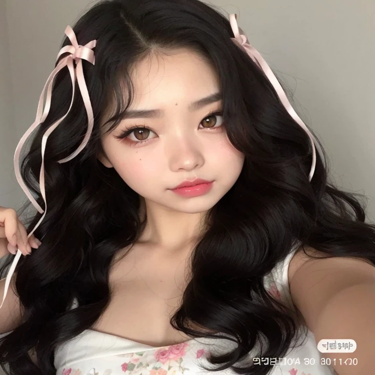 un primer plano de una mujer con cabello largo y negro que lleva un lazo rosa, ulzzang, maquillaje popular de Corea del Sur, maquillaje coreano popular, Joven y adorable rostro coreano, Wan adorable cara coreana, cruel korean goth girl, Chica coreana, Retrato realista kawaii, Rasgos de la cara coreana, con cabello largo y ojos penetrantes, Ojos grandes y cabello largo y suelto, Cute aesthetics with flutter