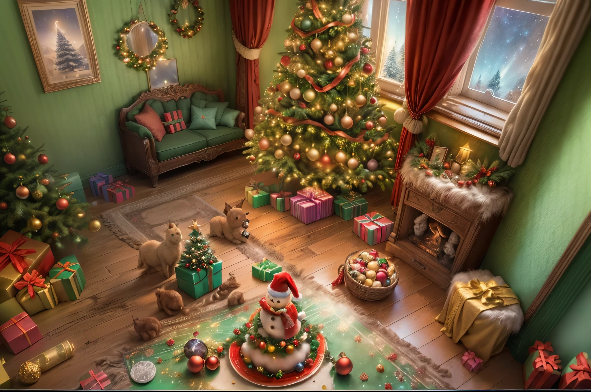 (Masterpiece: 1.2), (Long shot: 1.8), Vibrant colors, magical atmosphere, whimsical, ((starry sky with North Star shining)), (European style interior house, Christmas decorations, fireplace with residual warmth , colored lights hanging on the stairs, gifts wrapped in colorful  under the Christmas tree, pile of gifts on the floor, wooden floor, decorated pine tree, parquet floor, mantel, red and green, Christmas atmosphere, traditional Christmas, Festive atmosphere, Merry Christmas, gift tags, Christmas wreaths, decorations, tinsel ribbons, Christmas tree lights, candies, gingerbread men, lights), (The room is decorated in a strong Christmas atmosphere. A string of shining ones hangs on the wall Colored lights, a Christmas wreath and a small snowman are placed on the windowsill, and a beautifully decorated Christmas tree stands in the corner of the room. (On the table, there are exquisite tableware and red plates. In the center of the table, there is a rich Christmas feast , next to a bottle of red wine and two exquisite wine glasses, bringing warmth and comfort to the entire room). (First Person View, Ultra HD, Masterpiece, Accurate, Anatomically Correct, Textured Skin, Super Detailed, High Detailed, High Quality, Award-Winning, Best Quality, 8K), Surreal, Psychedelic, Intricate Details, Textured, Ethereal, Dream-like, Soft Glowing Light, Mesmerizing Patterns, Fantasy Creatures, Hidden surprises, dreamlike landscapes, surreal color palette, mystical aura, surreal, enchanting journey, psychedelic trip, vivid imagination, immersive experience, mysterious creatures, otherworldly charm, glowing path, illuminated Magical Christmas, surreal sky, whimsical Christmas-themed room, a magical encounter, enchanting artwork, (super high saturation, vivid and bright: 1.8)