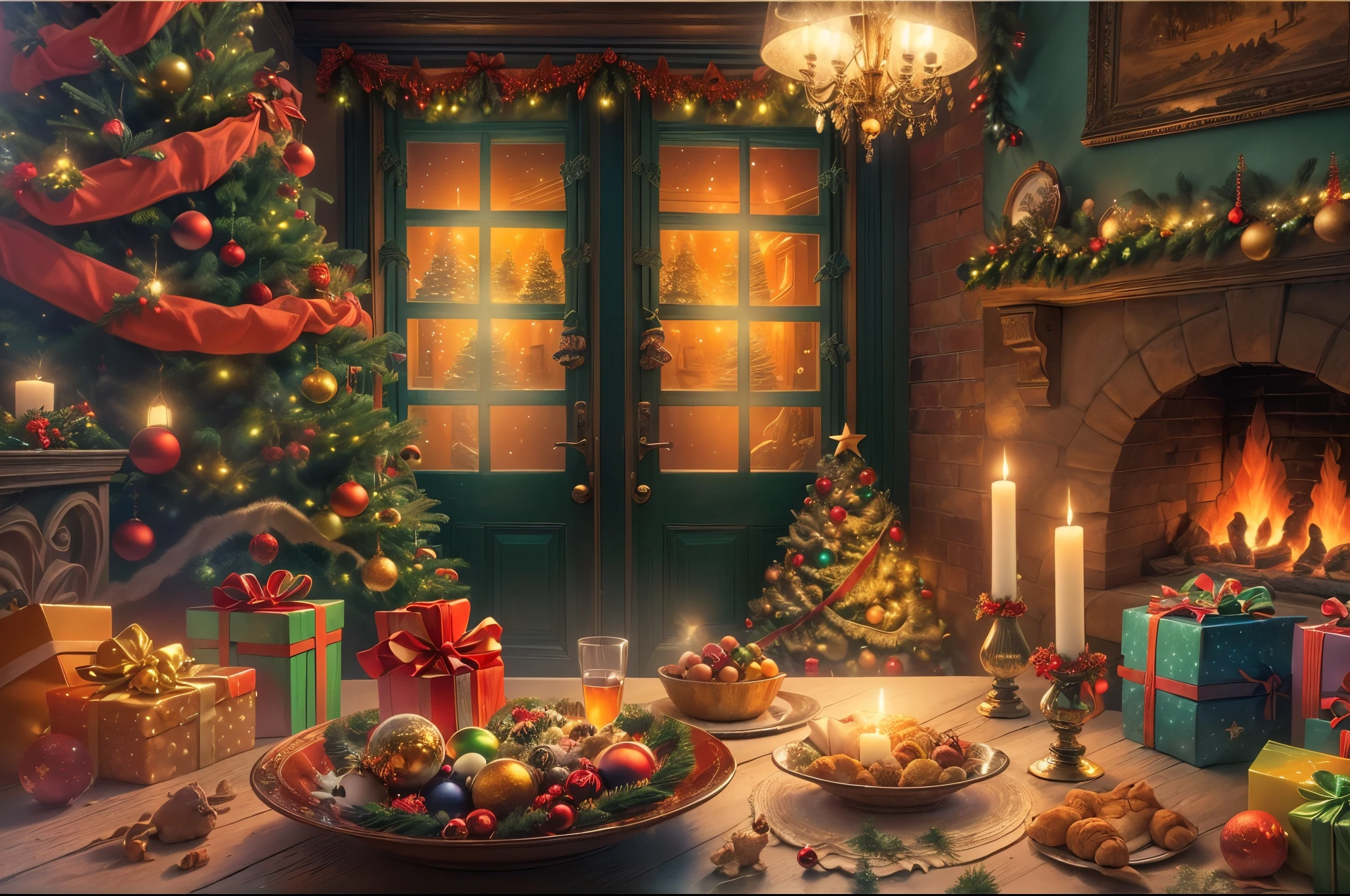 (Masterpiece: 1.2), (Long shot: 1.8), Vibrant colors, magical atmosphere, whimsical, ((starry sky with North Star shining)), (European style interior house, Christmas decorations, fireplace with residual warmth , colored lights hanging on the stairs, gifts wrapped in colorful  under the Christmas tree, pile of gifts on the floor, wooden floor, decorated pine tree, parquet floor, mantel, red and green, Christmas atmosphere, traditional Christmas, Festive atmosphere, Merry Christmas, gift tags, Christmas wreaths, decorations, tinsel ribbons, Christmas tree lights, candies, gingerbread men, lights), (The room is decorated in a strong Christmas atmosphere. A string of shining ones hangs on the wall Colored lights, a Christmas wreath and a small snowman are placed on the windowsill, and a beautifully decorated Christmas tree stands in the corner of the room. (On the table, there are exquisite tableware and red plates. In the center of the table, there is a rich Christmas feast , next to a bottle of red wine and two exquisite wine glasses, bringing warmth and comfort to the entire room). (First Person View, Ultra HD, Masterpiece, Accurate, Anatomically Correct, Textured Skin, Super Detailed, High Detailed, High Quality, Award-Winning, Best Quality, 8K), Surreal, Psychedelic, Intricate Details, Textured, Ethereal, Dream-like, Soft Glowing Light, Mesmerizing Patterns, Fantasy Creatures, Hidden surprises, dreamlike landscapes, surreal color palette, mystical aura, surreal, enchanting journey, psychedelic trip, vivid imagination, immersive experience, mysterious creatures, otherworldly charm, glowing path, illuminated Magical Christmas, surreal sky, whimsical Christmas-themed room, a magical encounter, enchanting artwork, (super high saturation, vivid and bright: 1.8)