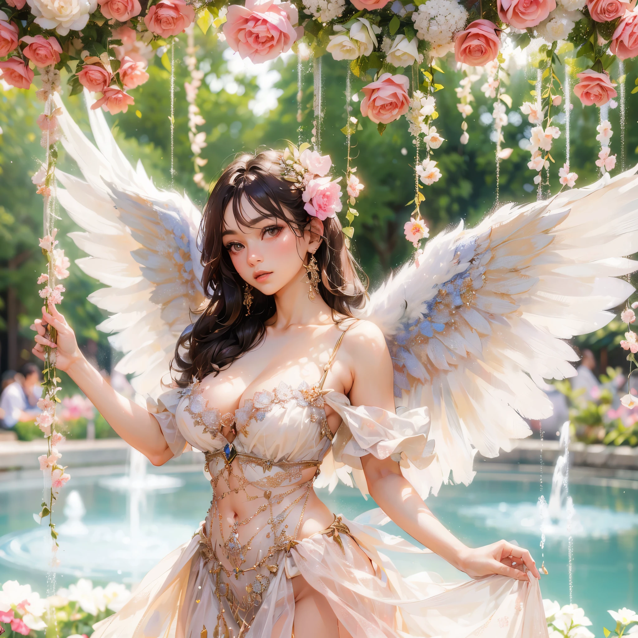 araffe fairy with large breast and wings and flowers in a garden, beautiful fairy, beautiful fairy, beautiful fantasy maiden, beautiful book fairy, beautiful fairies, beautiful fantasy art, brunette fairy woman, beautiful fairie, beautiful maiden, beautiful angel, beautiful fairy queen, water fairy, portrait of fairy, portrait of a fairy, very beautiful fantasy art, masterpiece, best quality:1.2),,(8k,highres,RAW photo,realistic,photo-realistic:1.3),(detailed skin texture,detailed cloth texture,beautiful detailed face:1.25),professional lighting,photon mapping,beautiful soft light,radiosity,physically-based rendering,raytracing, model shoot style, model shoot style, (extremely detailed CG unity 8k wallpaper), full shot body photo of the most beautiful artwork in the world