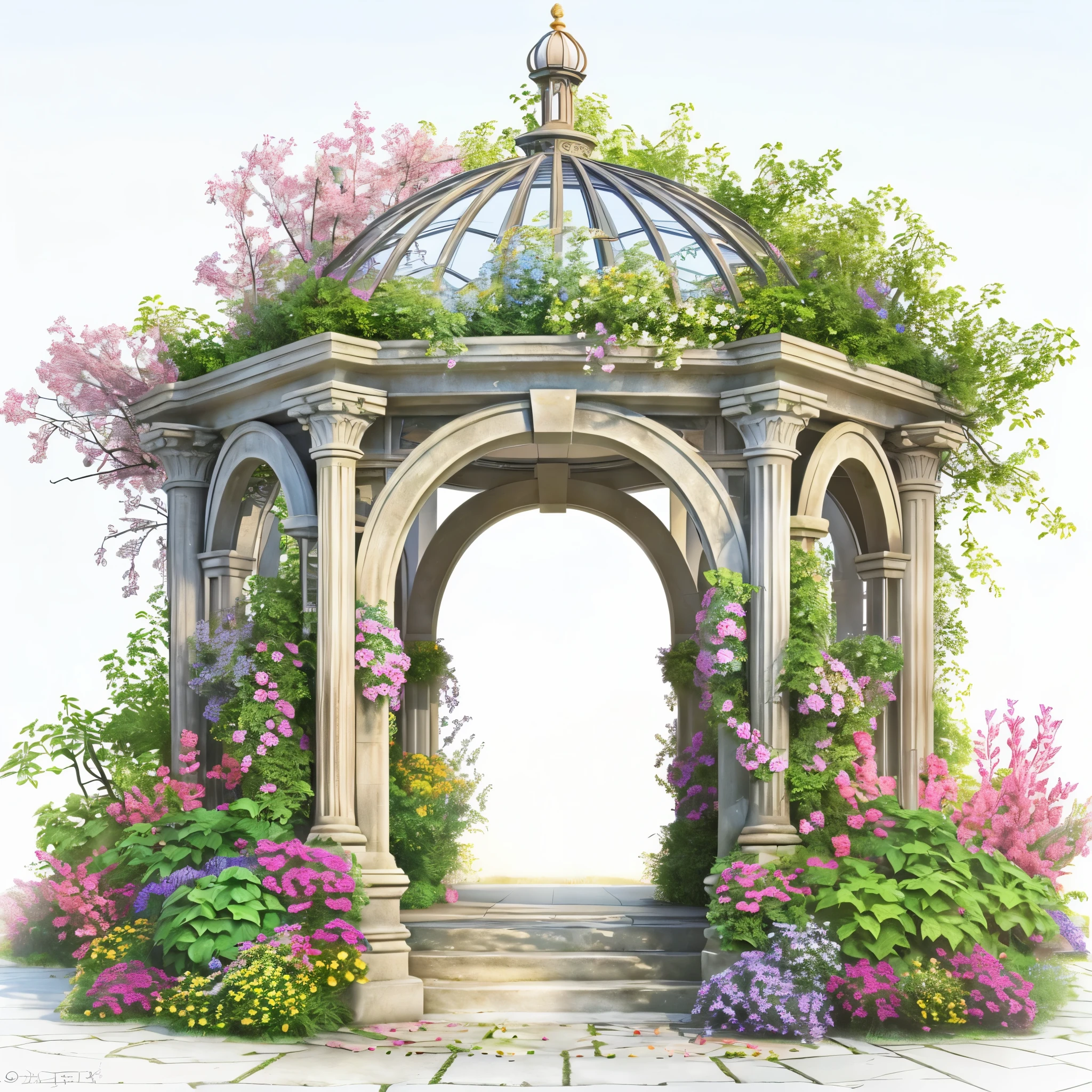 有一个gazebo,tas'full of flowers and vines, royal garden background, beautiful render of a fairytale, , beautiful high resolution, Garden background, dreamy and detailed, Detailed view – width 672, background artwork, high detal), well rendered, floral environment, pillar, Beautiful image, realistic garden, enchantedgarden, gazebo, arbor