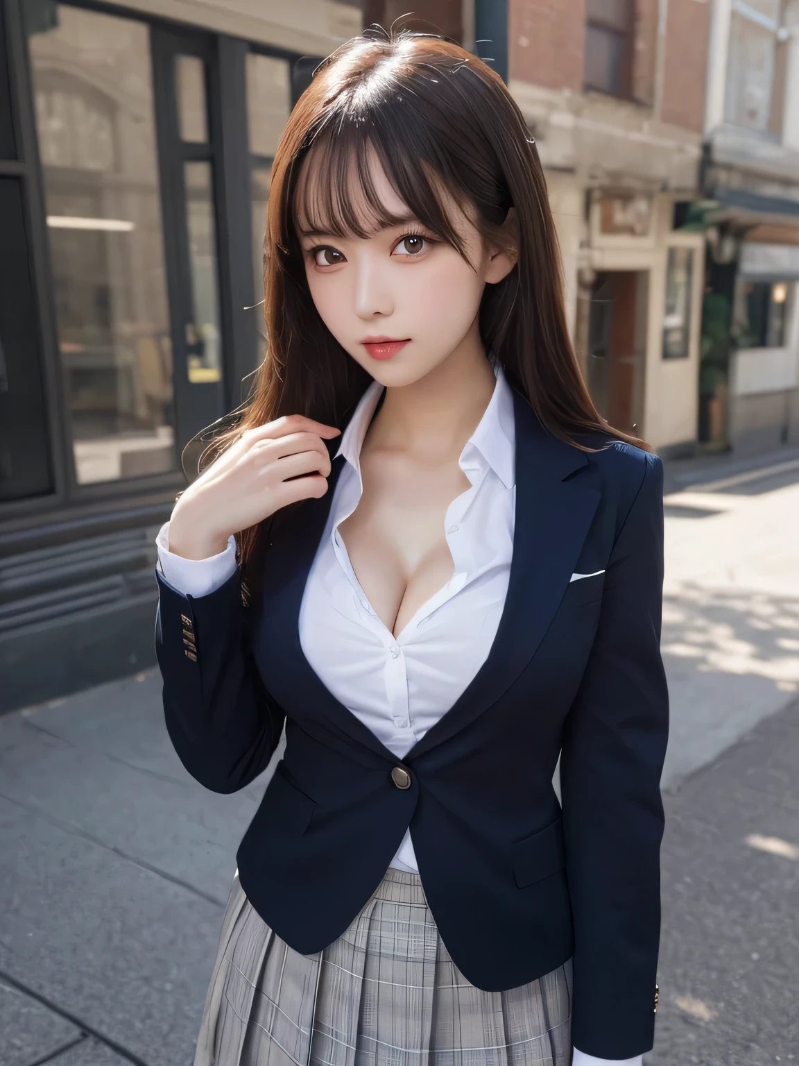 masutepiece, Best Quality, Illustration, Ultra-detailed, finely detail, hight resolution, 8K Wallpaper, Perfect dynamic composition, Beautiful detailed eyes, Natural Lip,Blazer ,School uniform, Big breasts, Full body,You can see the chest
