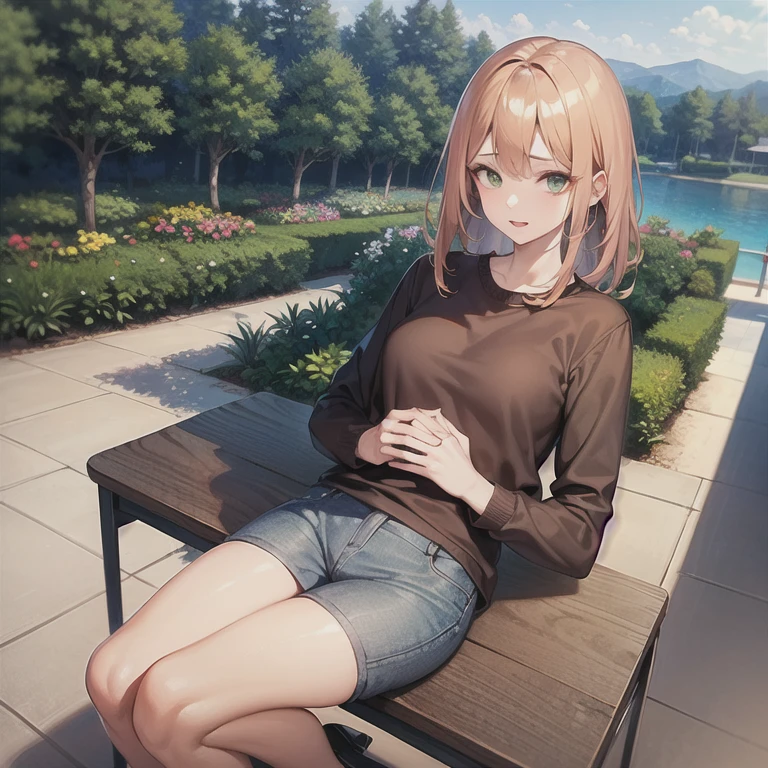 masterpiece, best quality, 1boy, solo, mature male, straight hair, orange hair, green eyes, brown shirt, long sleeves, grey pants, sweats, outdoors, hands in pockets