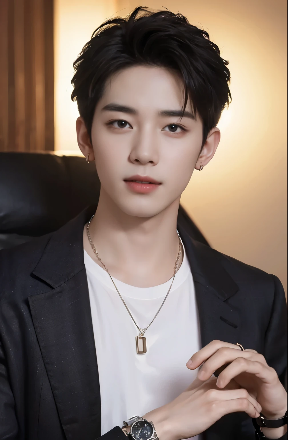 ((Best Quality, 8K, masterpiece: 1.3))、Cool Korean man, 120 year old man、Korean style long hair、Sturdy face、Handsome nose、Detailed eyes and face、Beautiful lighting、(studio)、High Resolution、 (visible to the audience)、mouth details、Thin Mouth、,Sorrisos、whole body: 1.5, perfect body figure: 1.picture of both shoulders:1.3, Wearing a White T-shirt and a casual Black coat:1.5, Accessories : (men's earrings, necklaces, men's rings, men's watches)