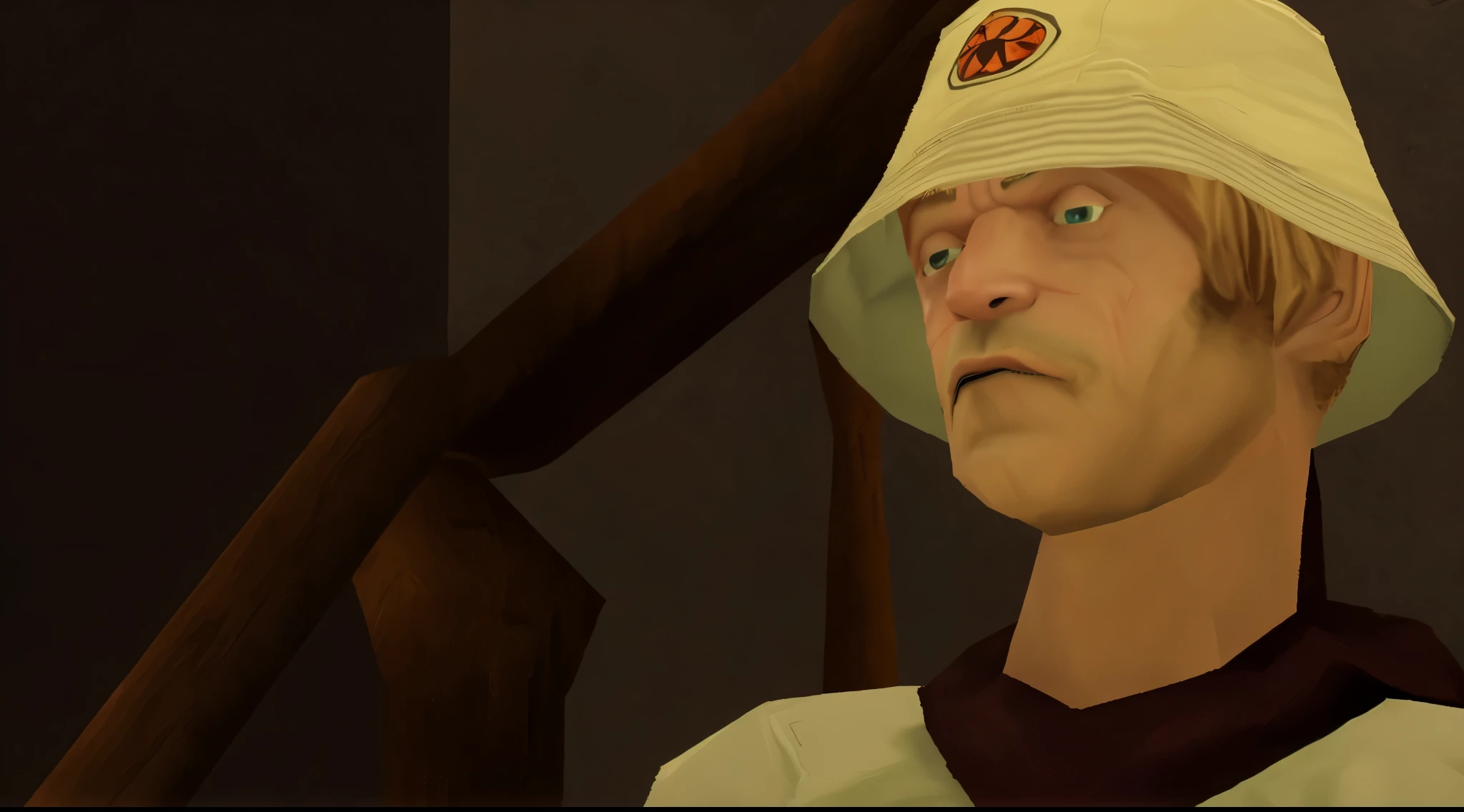there is a man wearing a hat and a scarf standing next to a stair, in game, sam hyde in team fortress 2, joe biden in team fortress 2, portrait of hide the pain harold, tf2 screenshot, tf 2, tf2, walter white in team fortress 2, in-game, in - game, wears a destroyed hat, he is wearing a hat