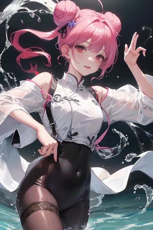 masterpiece、The best、1 female student、White cloth bun bun bun、big breasts、chubby、Smile、Black suspenders、lace leggings、light pink lips、posing at school,(Soaked all over),legs are open, solo, White polo shirt, looking at the audience, (Thick thighs:1.0),Yazawa Nico,red eyes, Blushed,Blunt hair,hands on hips,greet,Flower headdress,