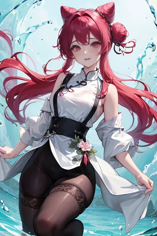 tmasterpiece、Need、1female、Blue cheongsam，Ancient style China、 White cloth bun bun bun、Shoulder leakage、The chest is large、chubbiness、ssmile、Black suspender tights、lace leggings、pale pink lip、hot springs，Pose in the water，（drenched all over the body），legs are open， 独奏, White polo shirt, looking at viewert,  A high resolution,(Thigh thick:1.0),,ultra - detailed，tmasterpiece，Best quality at best，Yazawa Nico,red eyes, face flushed,Blunt hair,both hands on hip，greet，Flower headdreslack suspender tights，dance