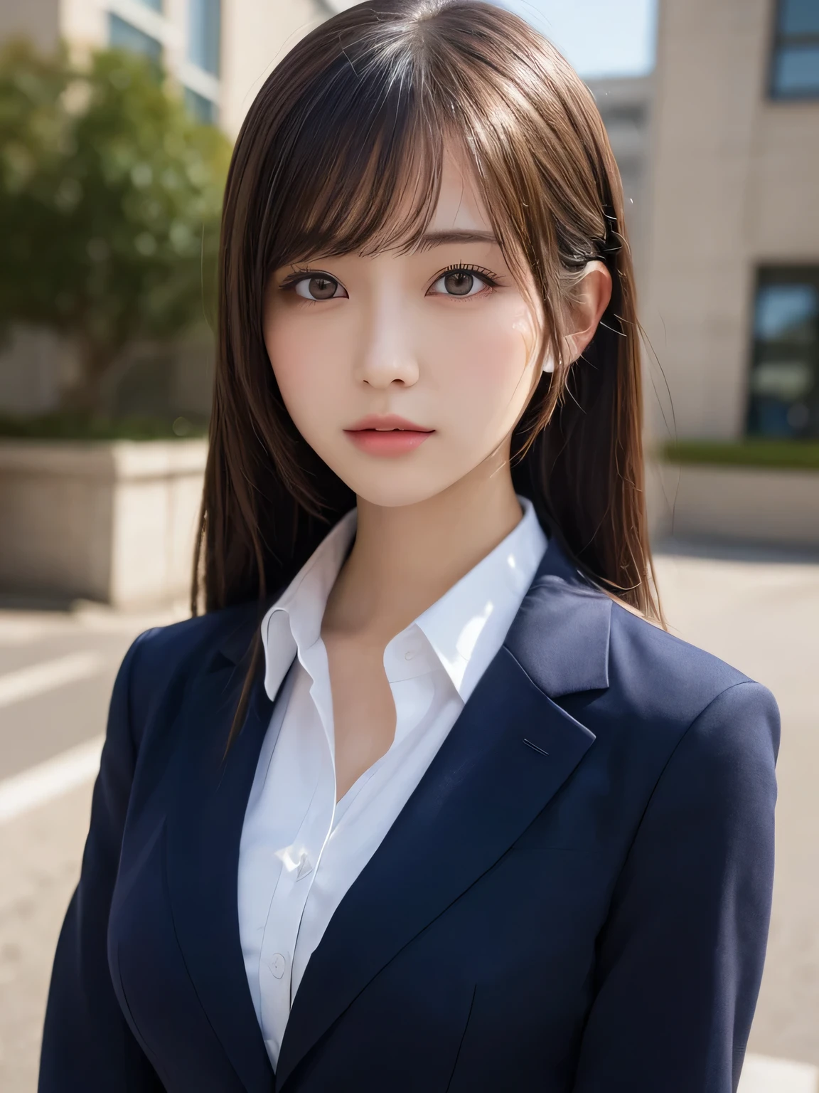 masutepiece, Best Quality, Illustration, Ultra-detailed, finely detail, hight resolution, 8K Wallpaper, Perfect dynamic composition, Beautiful detailed eyes, Natural Lip,Blazer ,School uniform, Big breasts, Full body,You can see the chest