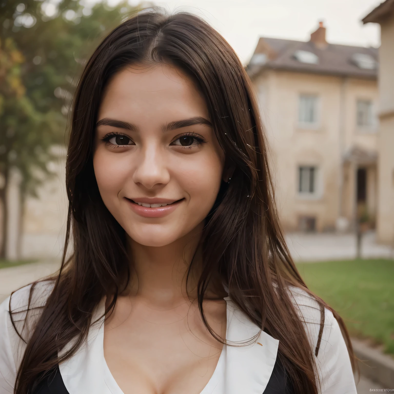 Masutepiece、highest qualityr、high resolusion、Eleonora Pavinato, 23 years old, Younger headshot, close up shot, looking cute, cute pose, smiling, Beautiful busty girl, Black long hair