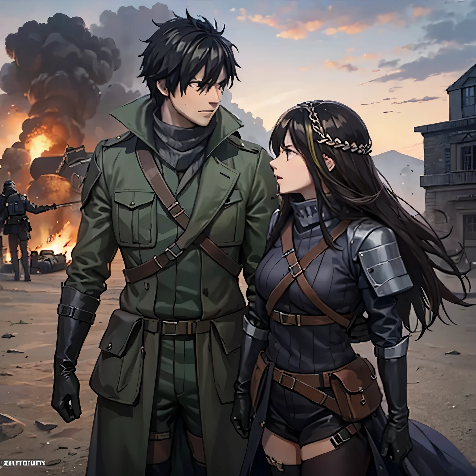 a man and a woman in battlefield