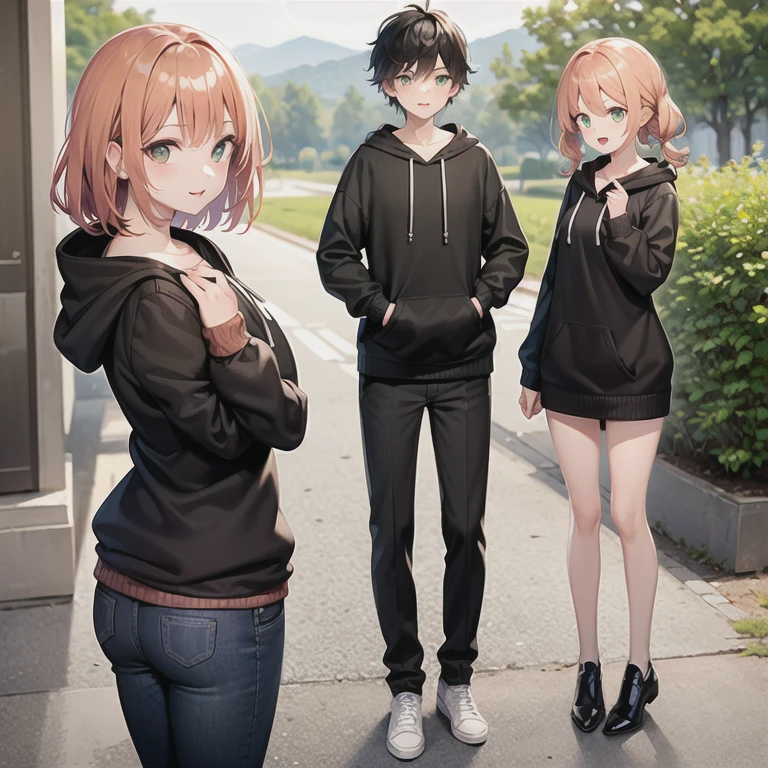 masterpiece, best quality, 2boys, brothers, twins, mature male, straight hair, orange hair, green eyes, black hoodie, black pants, undersized clothes, outdoors