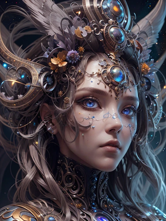 （beste-Qualit，Ultra Detailed，The best illustration，better shadow，tmasterpiece，hight resolution，ProfessionalArtwork，famous artwork），Detail Eyes, pretty eyes，Splitting close-up，science-fiction，colored sclera，Robot eye markings，Tattooed with，（fractalized，Fractal eyes），Bigeyes，wide eyes，（eyes focus），Sface Focus，Cosmic eyes，Cosmic eyes，Close-up of a metal sculpture of a woman with the universe in her hair，damn high detail，3 d goddess portrait，Extremely detailed footage of the goddess，a stunning portrait of a goddess，Side image of the goddess，portrait of a beautiful body goddess close up portrait of a goddess，hecate goddess，Portrait of the Norse goddess of the universe，goddess of space and time