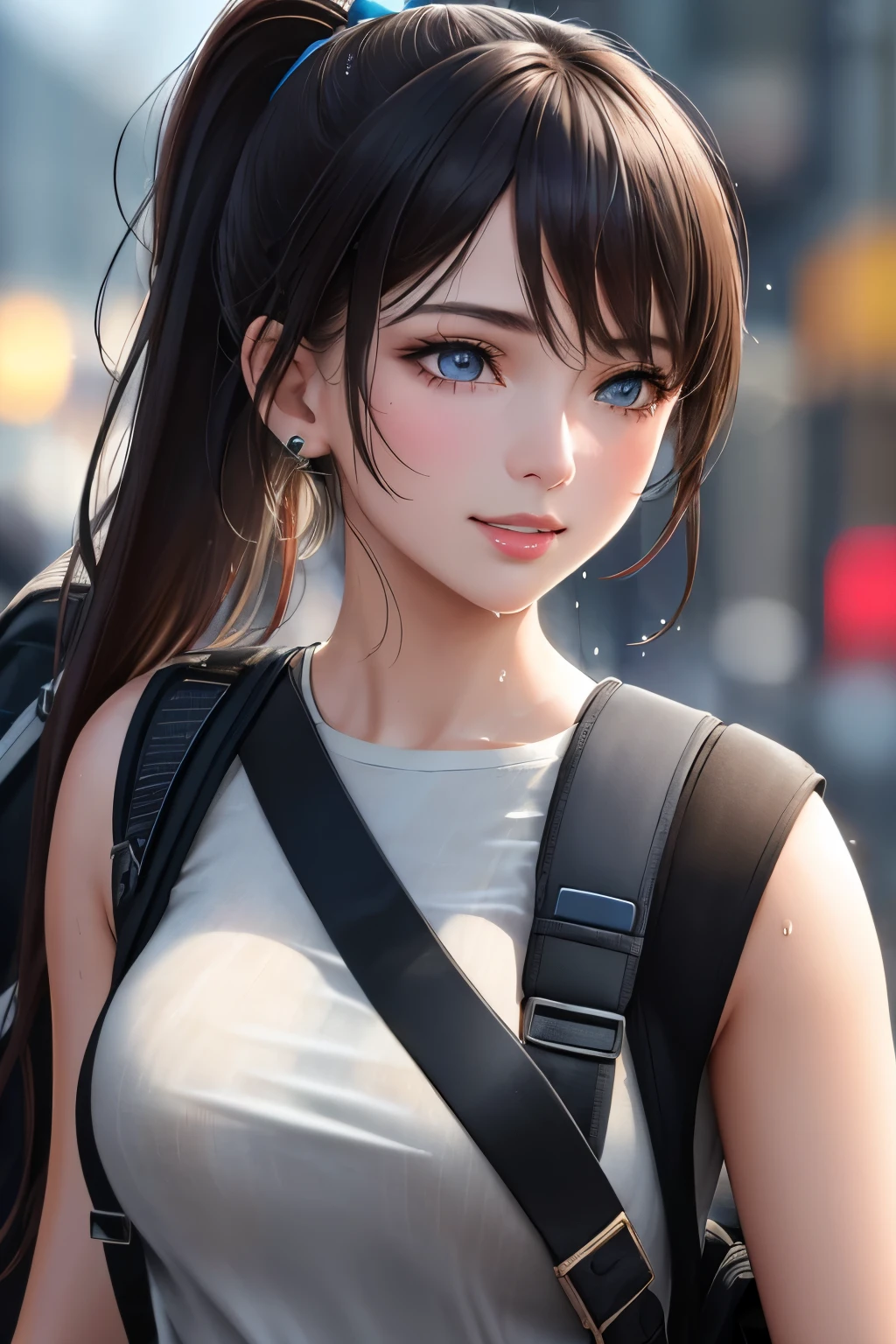 fashion style, masterpiece, best quality, 8k, artstation, sharp focus, (ultrarealistic:1.5), (high details:1.4), raw photo of a young woman, street smiling, backpack, ponytails, faded, complex stuff around, intricate background, soaking wet, (Cinematic:1.4),