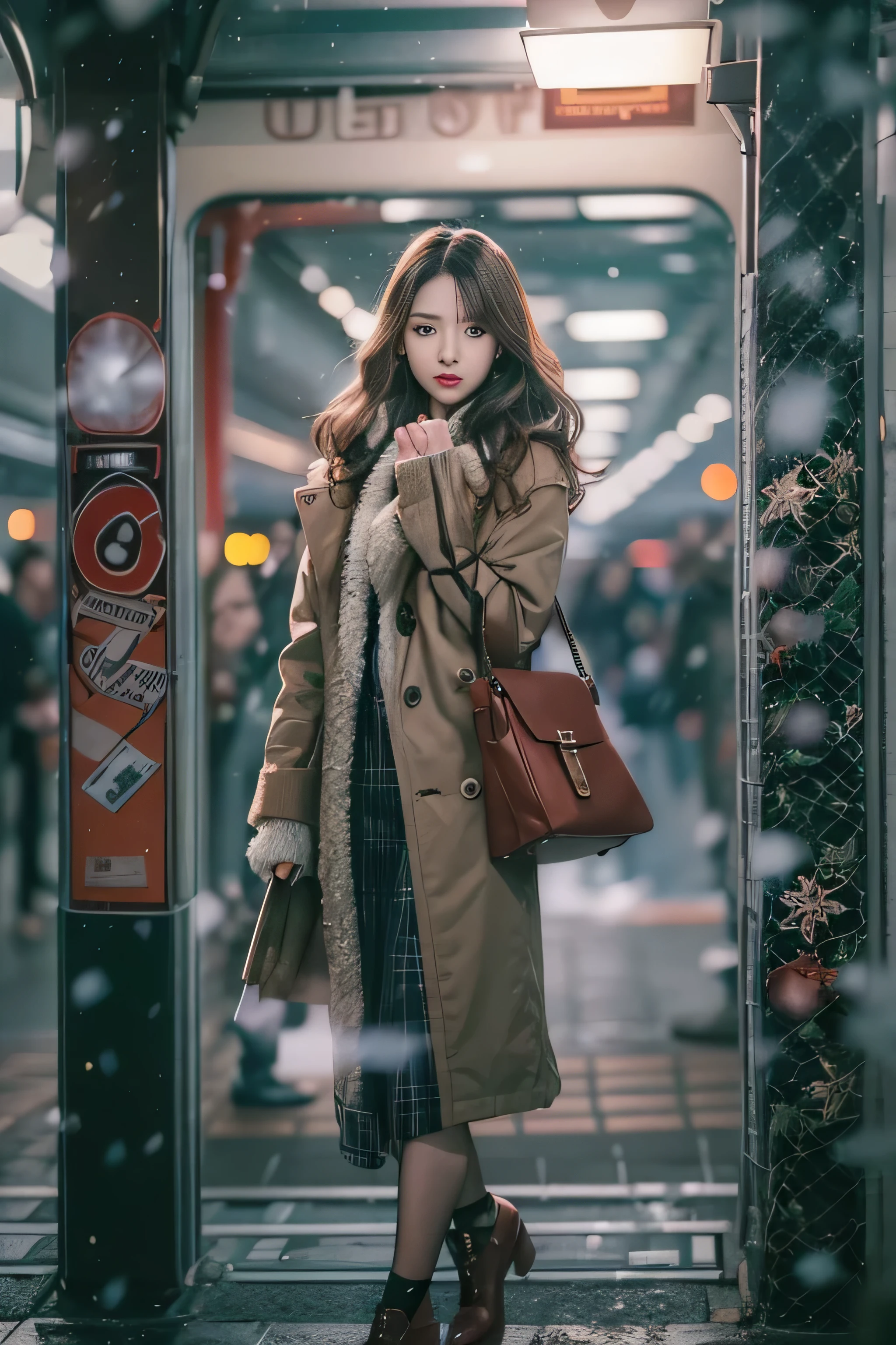 1womanl、Early 20s、(Strong-willed super beauty)、(ultra beautiful faces)、(A detailed face)、Wearing makeup、Wavy brown hair、christmas snowy night、Standing on the platform of a metropolitan station、Background is a stationary train、Shallow depth of field