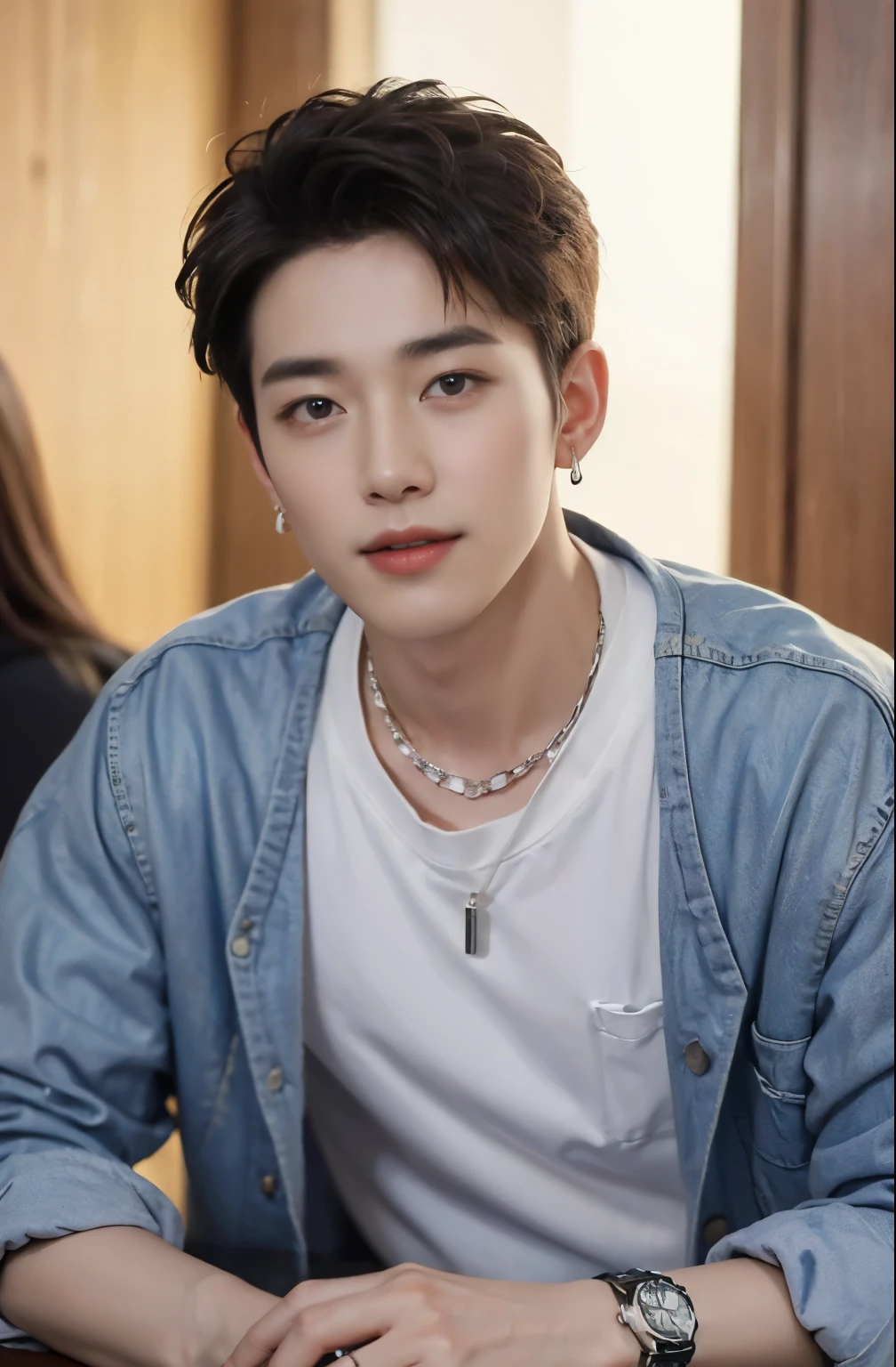 ((Best Quality, 8K, masterpiece: 1.3))、Cool Korean man, 120 year old man、Korean style long hair、Sturdy face、Handsome nose、Detailed eyes and face、Beautiful lighting、(studio)、High Resolution、 (visible to the audience)、mouth details、Thin Mouth、,Sorrisos、whole body: 1.5, perfect body figure: 1.picture of both shoulders:1.3, Wearing a White T-shirt and a casual Black coat:1.5, Accessories : (men's earrings, necklaces, men's rings, men's watches)