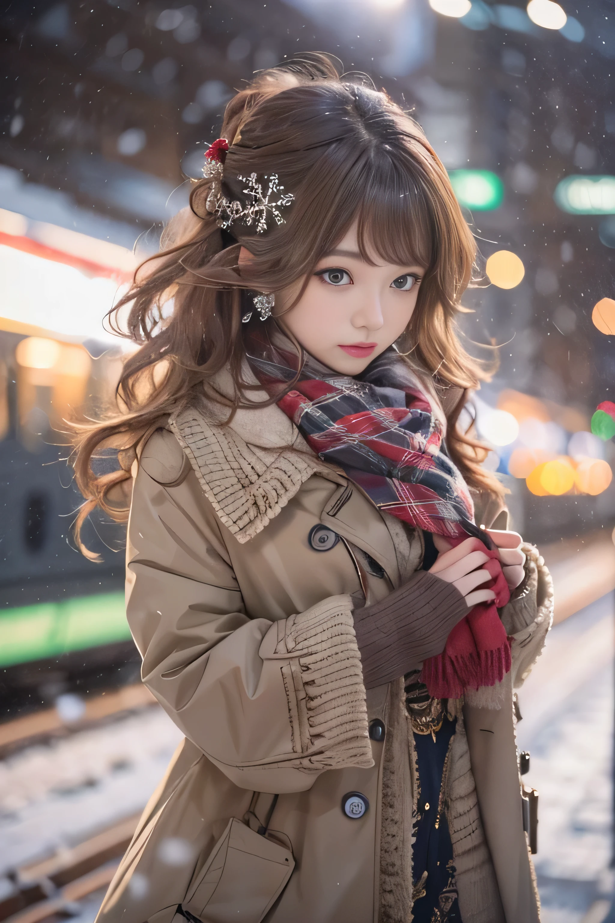 1womanl、Early 20s、(Strong-willed super beauty)、(ultra beautiful faces)、(A detailed face)、Wearing makeup、Wavy brown hair、christmas snowy night、Standing on the platform of a metropolitan station、Background is a stationary train、Shallow depth of field