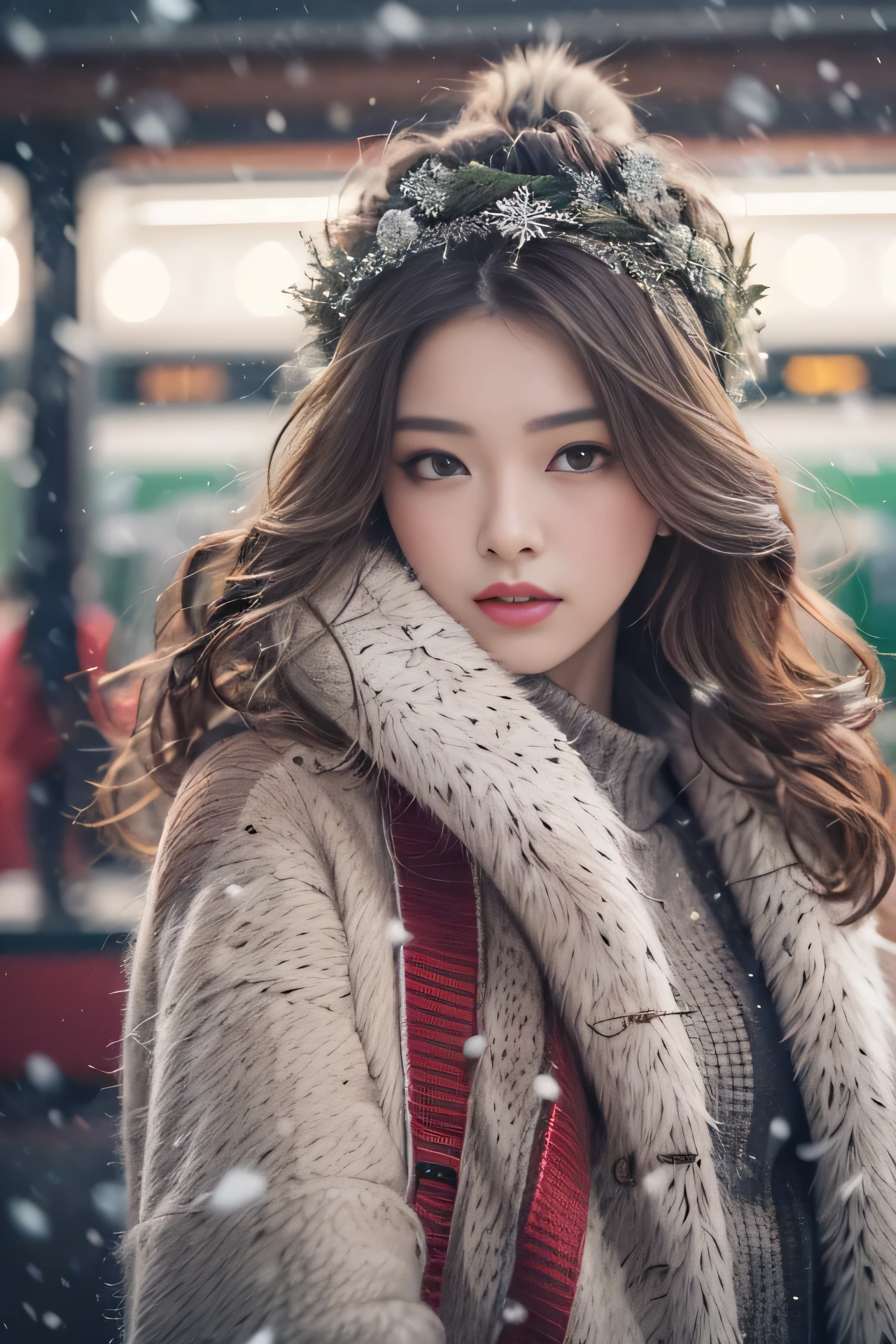 1womanl、Early 20s、(Strong-willed super beauty)、(ultra beautiful faces)、(A detailed face)、Wearing makeup、Wavy brown hair、christmas snowy night、Standing on the platform of a metropolitan station、Background is a stationary train、Shallow depth of field