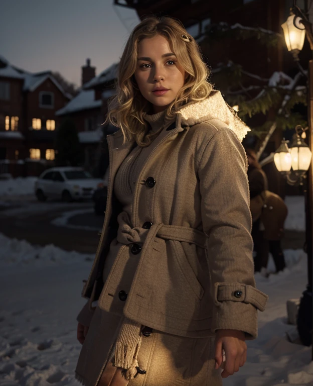 New Year's decorations, scenery artwork, garland, Nordic woman with blonde hair, short hair, wavy hair, and coat, cinematic lighting, masterpiece, photorealistic, 8k quality, bokeh