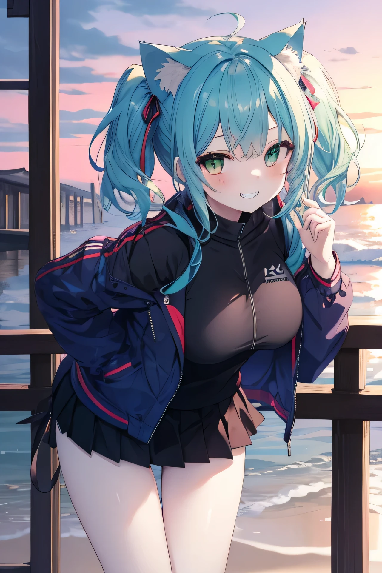 ((masutepiece)), ((Best Quality)), ((8K)), High resolution, 1girl in, Cat ears, pale skin, Large breasts, Green eye,  Dark blue hair, two side up, Twin tail, Sunset beach, grinning evily, Skirt, Jacket, Leaning forward,