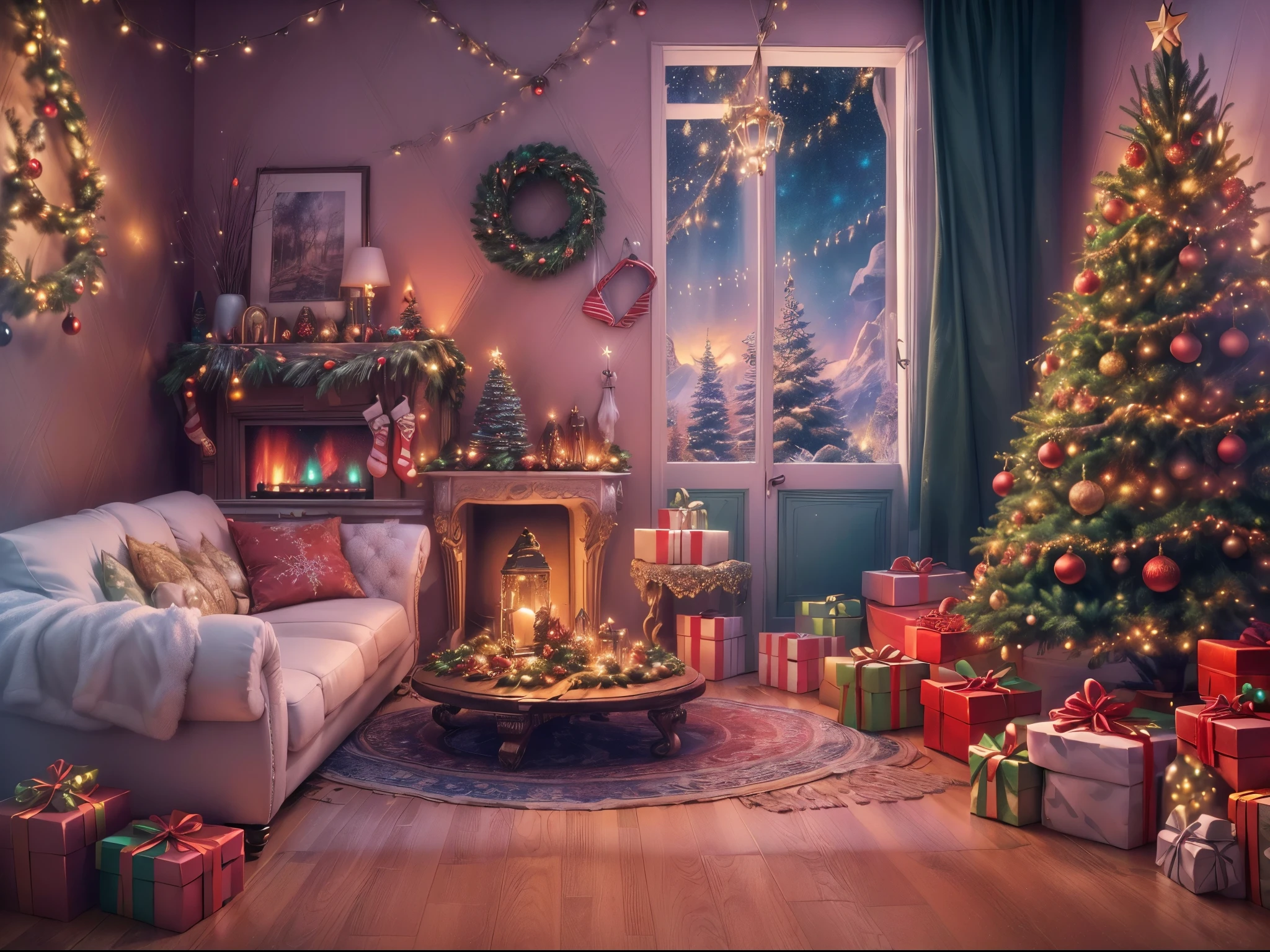 (Masterpiece: 1.2), (Long shot: 1.8), Vibrant colors, magical atmosphere, whimsical, ((starry sky with North Star shining)), (European style interior house, Christmas decorations, fireplace with residual warmth , colored lights hanging on the stairs, gifts wrapped in colorful under the Christmas tree, pile of gifts on the floor, wooden floor, decorated pine tree, parquet floor, mantel, red and green, Christmas atmosphere, traditional Christmas, Festive atmosphere, Merry Christmas, gift tags, Christmas wreaths, decorations, tinsel ribbons, Christmas tree lights, candies, gingerbread men, lights), (The room is decorated in a strong Christmas atmosphere. A string of shining ones hangs on the wall Colored lights, a Christmas wreath and a small snowman are placed on the windowsill, and a beautifully decorated Christmas tree stands in the corner of the room. (On the table, there are exquisite tableware and red plates. In the center of the table, there is a rich Christmas feast , next to a bottle of red wine and two exquisite wine glasses, bringing warmth and comfort to the entire room). (First Person View, Ultra HD, Masterpiece, Accurate, Anatomically Correct, Textured Skin, Super Detailed, High Detailed, High Quality, Award-Winning, Best Quality, 8K), Surreal, Psychedelic, Intricate Details, Textured, Ethereal, Dream-like, Soft Glowing Light, Mesmerizing Patterns, Fantasy Creatures, Hidden surprises, dreamlike landscapes, surreal color palette, mystical aura, surreal, enchanting journey, psychedelic trip, vivid imagination, immersive experience, mysterious creatures, otherworldly charm, glowing path, illuminated Magical Christmas, surreal sky, whimsical Christmas-themed room, a magical encounter, enchanting artwork, (super high saturation, vivid and bright: 1.8)