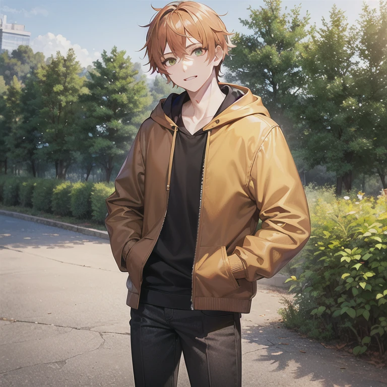 masterpiece, best quality, 1boy, solo, mature male, straight hair, orange hair, green eyes, black hoodie, black pants, outdoors, hands in pockets