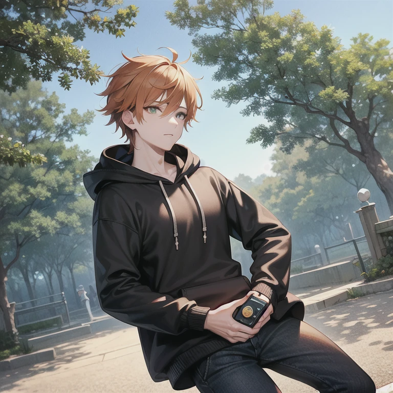 masterpiece, best quality, 1boy, solo, mature male, straight hair, orange hair, green eyes, black hoodie, black pants, outdoors, hands in pockets