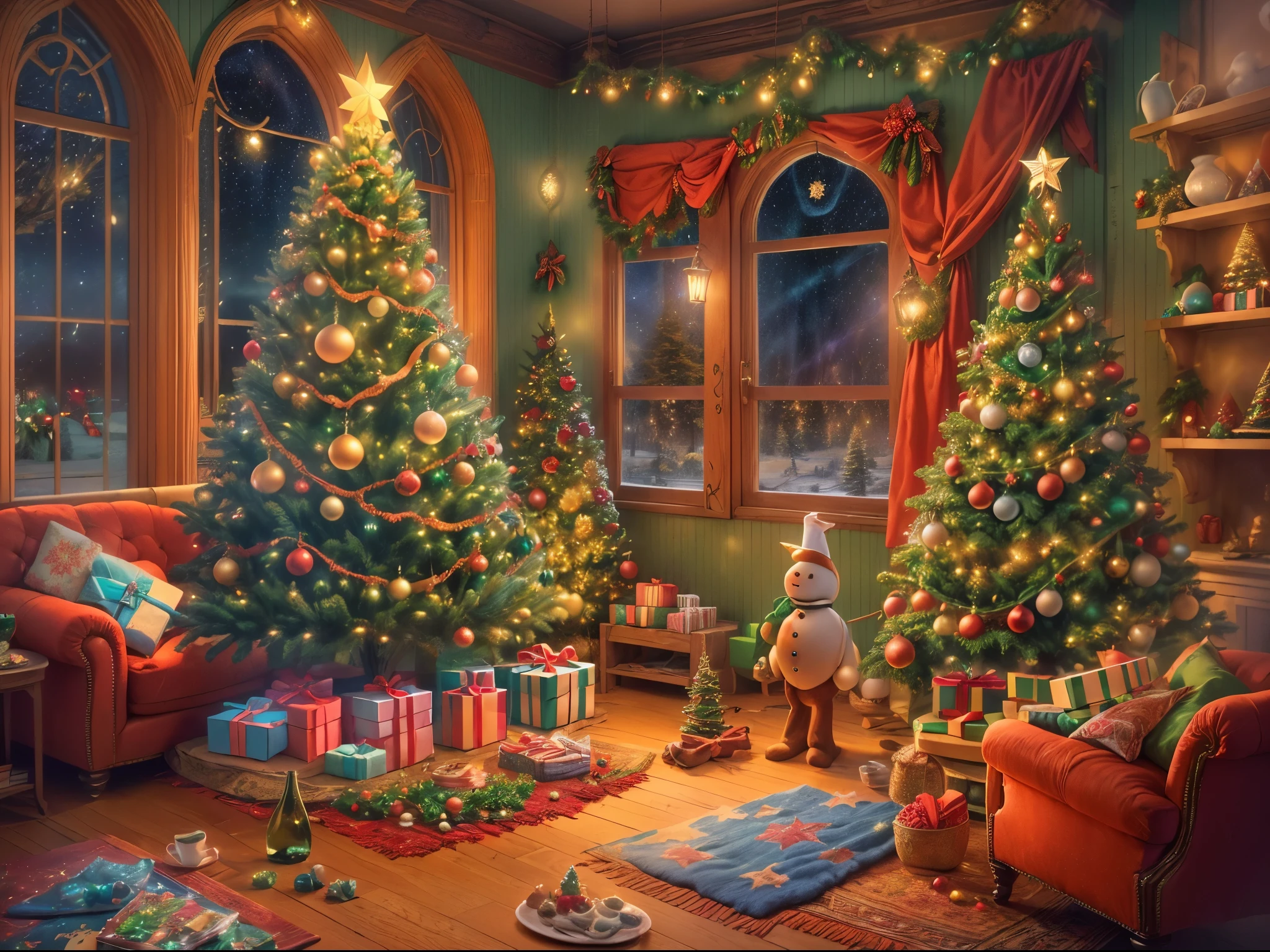 (Masterpiece: 1.2), (Long shot: 1.8), Vibrant colors, magical atmosphere, whimsical, ((starry sky with North Star shining)), (European style interior house, Christmas decorations, fireplace with residual warmth , colored lights hanging on the stairs, gifts wrapped in colorful  under the Christmas tree, pile of gifts on the floor, wooden floor, decorated pine tree, parquet floor, mantel, red and green, Christmas atmosphere, traditional Christmas, Festive atmosphere, Merry Christmas, gift tags, Christmas wreaths, decorations, tinsel ribbons, Christmas tree lights, candies, gingerbread men, lights), (The room is decorated in a strong Christmas atmosphere. A string of shining ones hangs on the wall Colored lights, a Christmas wreath and a small snowman are placed on the windowsill, and a beautifully decorated Christmas tree stands in the corner of the room. (On the table, there are exquisite tableware and red plates. In the center of the table, there is a rich Christmas feast , next to a bottle of red wine and two exquisite wine glasses, bringing warmth and comfort to the entire room). (First Person View, Ultra HD, Masterpiece, Accurate, Anatomically Correct, Textured Skin, Super Detailed, High Detailed, High Quality, Award-Winning, Best Quality, 8K), Surreal, Psychedelic, Intricate Details, Textured, Ethereal, Dream-like, Soft Glowing Light, Mesmerizing Patterns, Fantasy Creatures, Hidden surprises, dreamlike landscapes, surreal color palette, mystical aura, surreal, enchanting journey, psychedelic trip, vivid imagination, immersive experience, mysterious creatures, otherworldly charm, glowing path, illuminated Magical Christmas, surreal sky, whimsical Christmas-themed room, a magical encounter, enchanting artwork, (super high saturation, vivid and bright: 1.8)