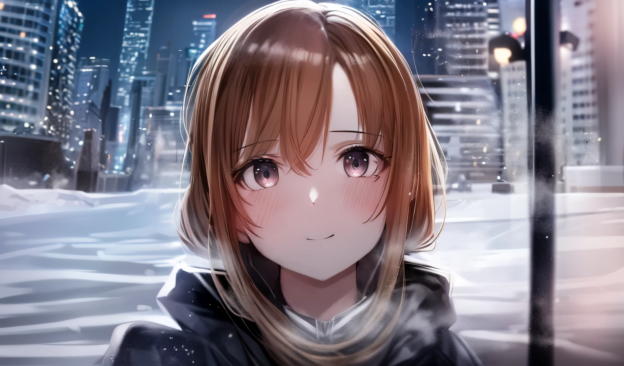 best quality, masterpiece, in winter, snow, kawaii, long hair, twintails, wink , mole under eye, black eyes, hoodie , eye_contact, --auto --s2