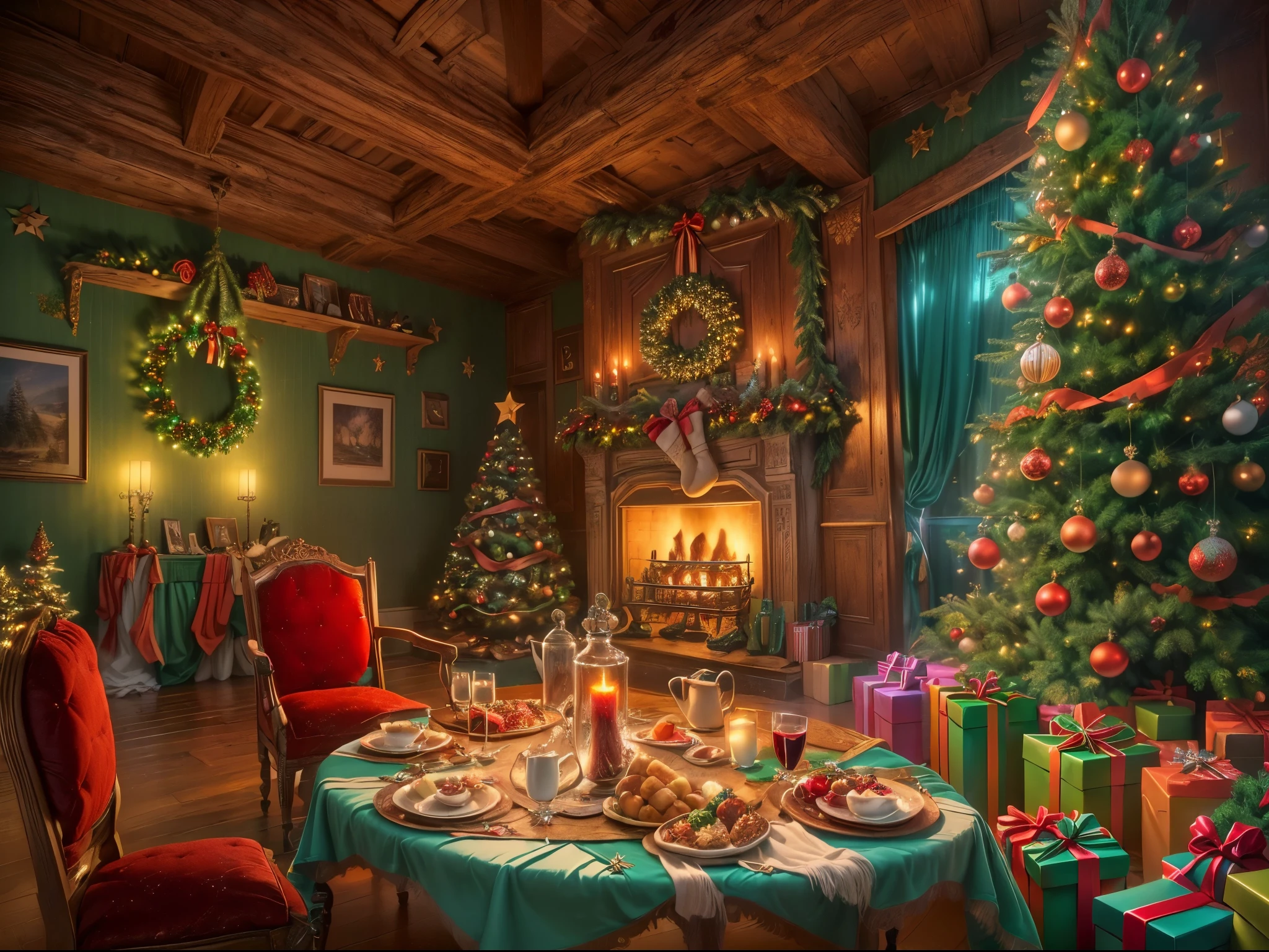 (Masterpiece: 1.2), (Long shot: 1.8), Vibrant colors, magical atmosphere, whimsical, ((starry sky with North Star shining)), (European style interior house, Christmas decorations, fireplace with residual warmth , colored lights hanging on the stairs, gifts wrapped in colorful  under the Christmas tree, pile of gifts on the floor, wooden floor, decorated pine tree, parquet floor, mantel, red and green, Christmas atmosphere, traditional Christmas, Festive atmosphere, Merry Christmas, gift tags, Christmas wreaths, decorations, tinsel ribbons, Christmas tree lights, candies, gingerbread men, lights), (The room is decorated in a strong Christmas atmosphere. A string of shining ones hangs on the wall Colored lights, a Christmas wreath and a small snowman are placed on the windowsill, and a beautifully decorated Christmas tree stands in the corner of the room. (On the table, there are exquisite tableware and red plates. In the center of the table, there is a rich Christmas feast , next to a bottle of red wine and two exquisite wine glasses, bringing warmth and comfort to the entire room). (First Person View, Ultra HD, Masterpiece, Accurate, Anatomically Correct, Textured Skin, Super Detailed, High Detailed, High Quality, Award-Winning, Best Quality, 8K), Surreal, Psychedelic, Intricate Details, Textured, Ethereal, Dream-like, Soft Glowing Light, Mesmerizing Patterns, Fantasy Creatures, Hidden surprises, dreamlike landscapes, surreal color palette, mystical aura, surreal, enchanting journey, psychedelic trip, vivid imagination, immersive experience, mysterious creatures, otherworldly charm, glowing path, illuminated Magical Christmas, surreal sky, whimsical Christmas-themed room, a magical encounter, enchanting artwork, (super high saturation, vivid and bright: 1.8)