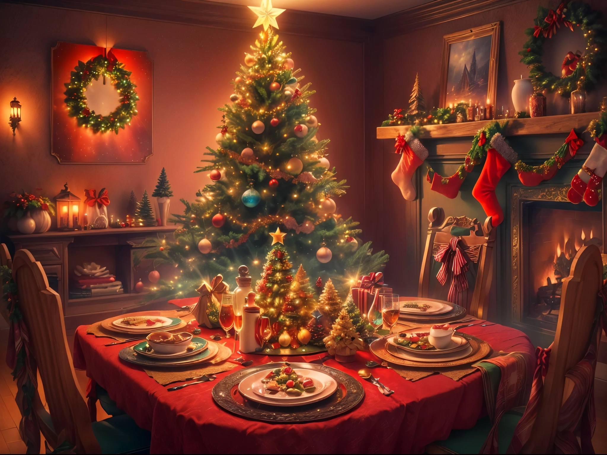 (Masterpiece: 1.2), (Long shot: 1.8), Vibrant colors, magical atmosphere, whimsical, ((starry sky with North Star shining)), (European style interior house, Christmas decorations, fireplace with residual warmth , colored lights hanging on the stairs, gifts wrapped in colorful  under the Christmas tree, pile of gifts on the floor, wooden floor, decorated pine tree, parquet floor, mantel, red and green, Christmas atmosphere, traditional Christmas, Festive atmosphere, Merry Christmas, gift tags, Christmas wreaths, decorations, tinsel ribbons, Christmas tree lights, candies, gingerbread men, lights), (The room is decorated in a strong Christmas atmosphere. A string of shining ones hangs on the wall Colored lights, a Christmas wreath and a small snowman are placed on the windowsill, and a beautifully decorated Christmas tree stands in the corner of the room. (On the table, there are exquisite tableware and red plates. In the center of the table, there is a rich Christmas feast , next to a bottle of red wine and two exquisite wine glasses, bringing warmth and comfort to the entire room). (First Person View, Ultra HD, Masterpiece, Accurate, Anatomically Correct, Textured Skin, Super Detailed, High Detailed, High Quality, Award-Winning, Best Quality, 8K), Surreal, Psychedelic, Intricate Details, Textured, Ethereal, Dream-like, Soft Glowing Light, Mesmerizing Patterns, Fantasy Creatures, Hidden surprises, dreamlike landscapes, surreal color palette, mystical aura, surreal, enchanting journey, psychedelic trip, vivid imagination, immersive experience, mysterious creatures, otherworldly charm, glowing path, illuminated Magical Christmas, surreal sky, whimsical Christmas-themed room, a magical encounter, enchanting artwork, (super high saturation, vivid and bright: 1.8)