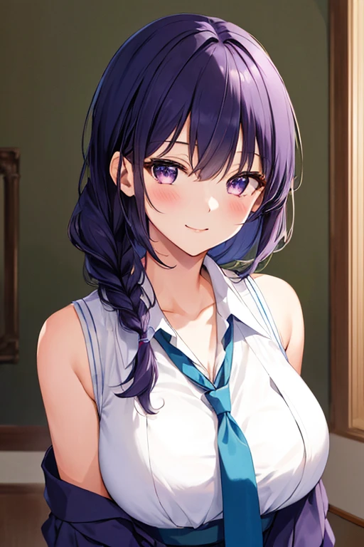 masterpiece, high quality, 8k, beautiful lighting, 1girl, solo, Kurokawa Akane (Oshi no Ko), LoRA, blue necktie, long olive green dress, mid-back length, dark-purple hair, that has chin-length bangs hanging on either side, light purple eyes, beauty mark under right eye, mommy, Braid hair below right shoulder, 32 years old, upper body, portrait, looking at viewer, in a luxurious living room, breast size I cup, smile, remove ties and shirt collars