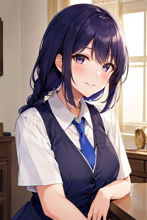 masterpiece, high quality, 8k, beautiful lighting, 1girl, solo, Kurokawa Akane (Oshi no Ko), LoRA, blue necktie, long olive green dress, mid-back length, dark-purple hair, that has chin-length bangs hanging on either side, light purple eyes, beauty mark under right eye, mommy, Braid hair below right shoulder, 32 years old, upper body, portrait, looking at viewer, in a luxurious living room, breast size I cup, smile, remove ties and shirt collars
