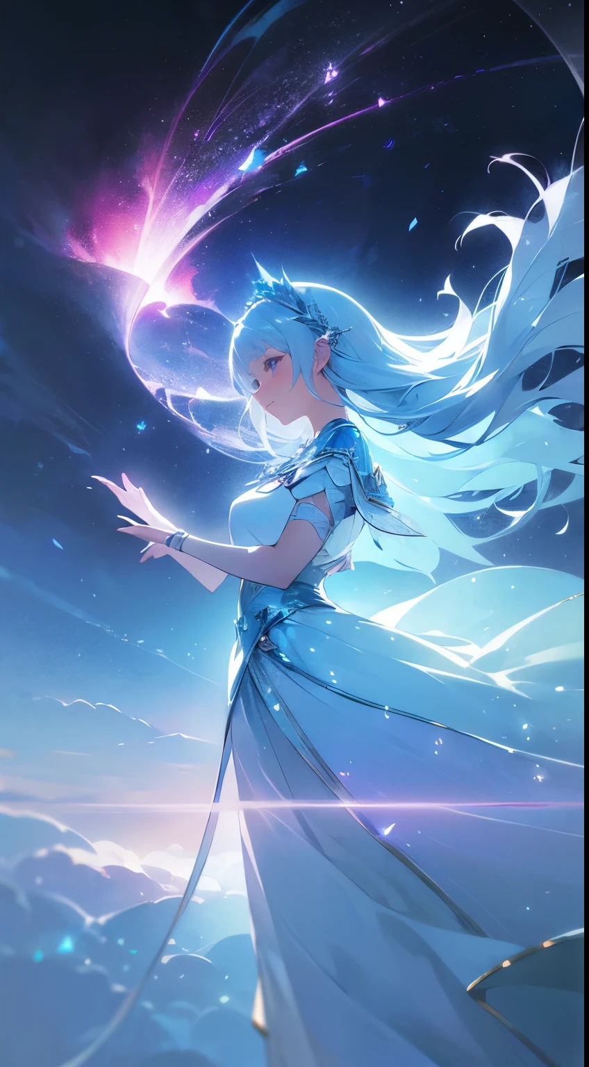 (Love fantasy girl, Valentine style costume, beautiful and aesthetic, light smile, Lovely costume, floating, floating, colorful, snow, lightning, snowflakes, jewelry, romanctic scenery, official art), detailed texture, high quality, high resolution, high precision, realism, color Corrections, proper lighting settings, harmonious composition, Behance creations